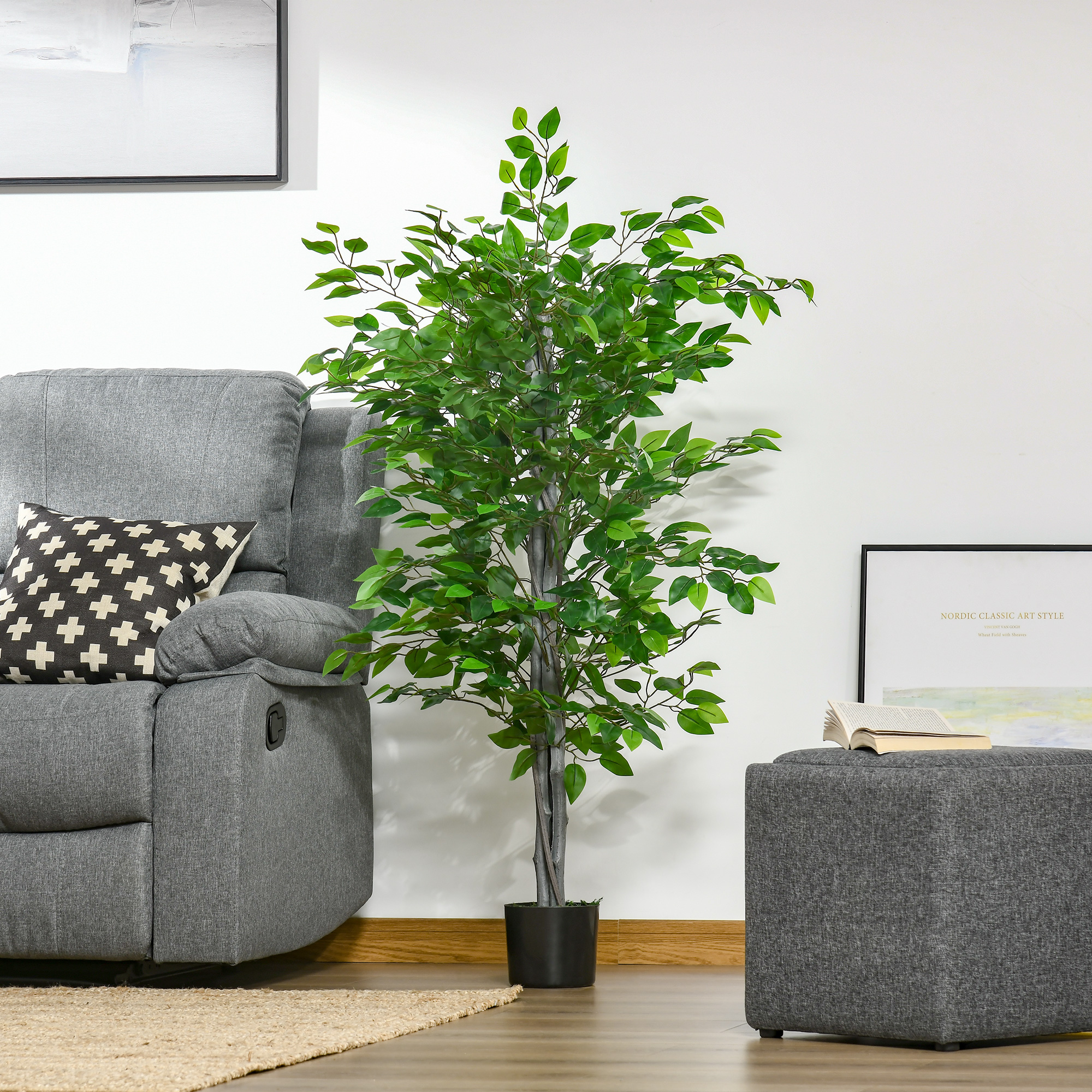 Künstlicher Baum, Ficus-Kunstpflanze, realistisches Aussehen, Zementtopf, 135 cm, pflegeleicht, Kunststoff, Grün