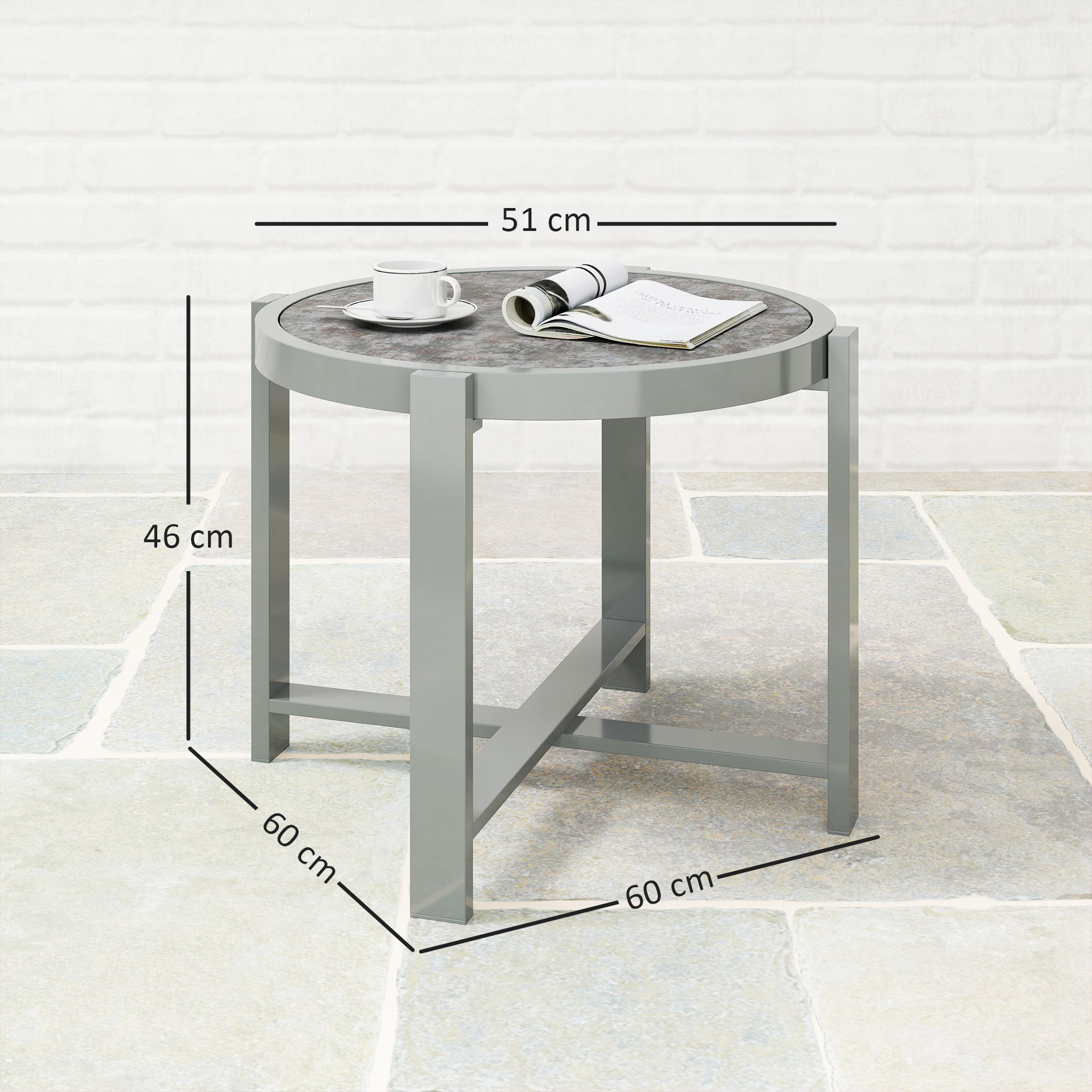 Beistelltisch Gartentisch Rund wetterfest Aluminium Balkontisch mit Marmoroptik Grau