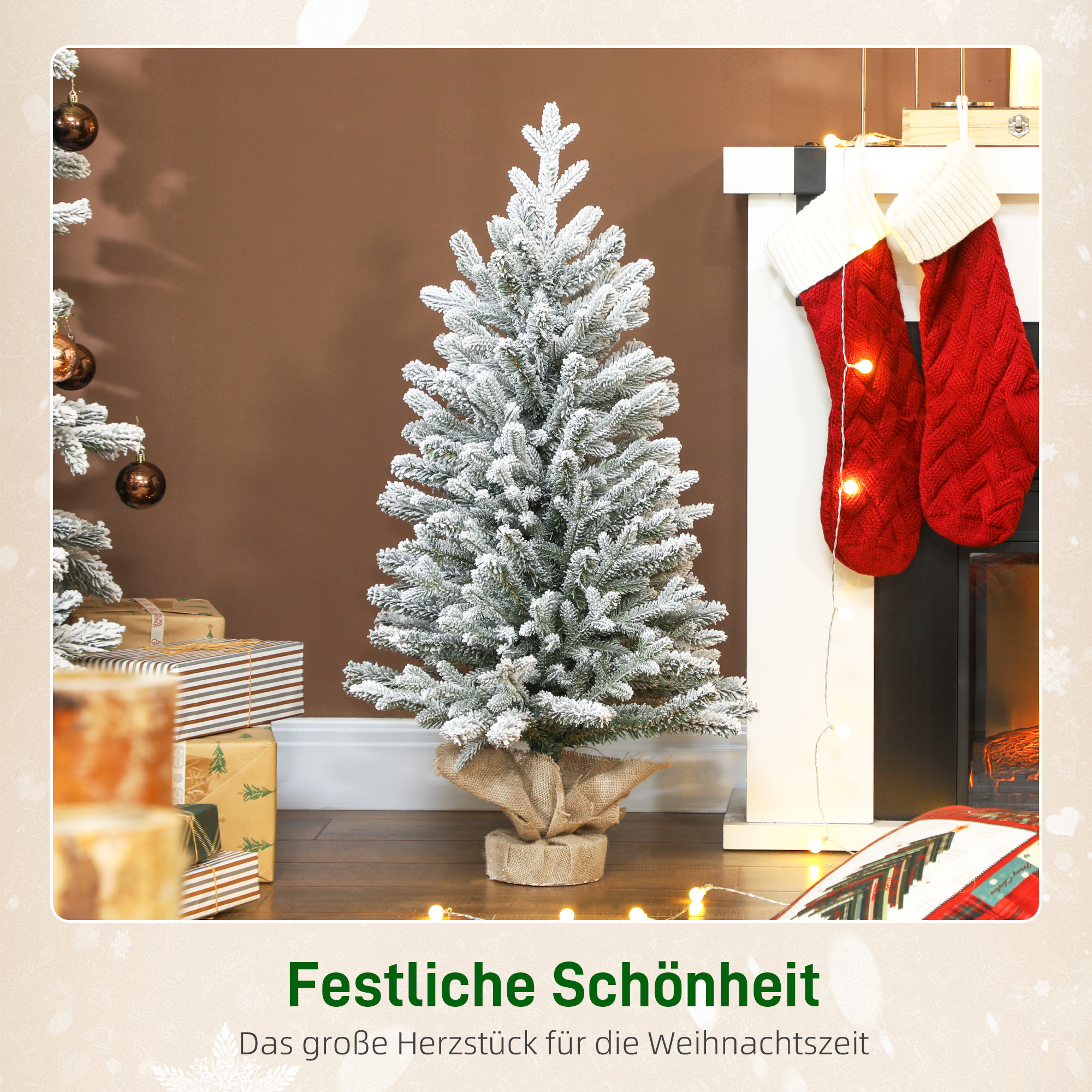 Mini Künstlicher Weihnachtsbaum 90 cm künstlich Tannenbaum mit Schnee, 486 Spitzen Zementbasis Leinenbezug