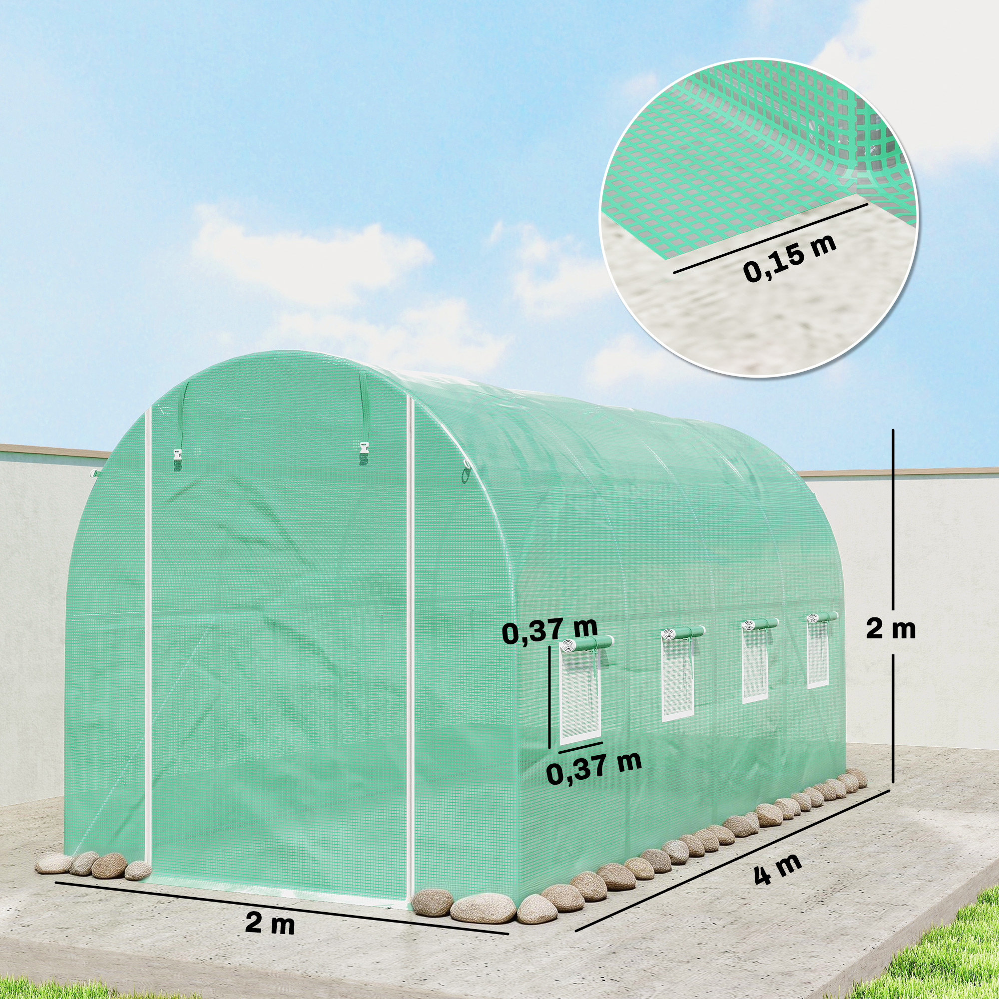 Gewächshausfolie 4 x 2 m, wasserdicht Gartenfolie mit Tür, 8 Fenster, UV Schutz, Reißfest Polyethylen NUR Folie Grün