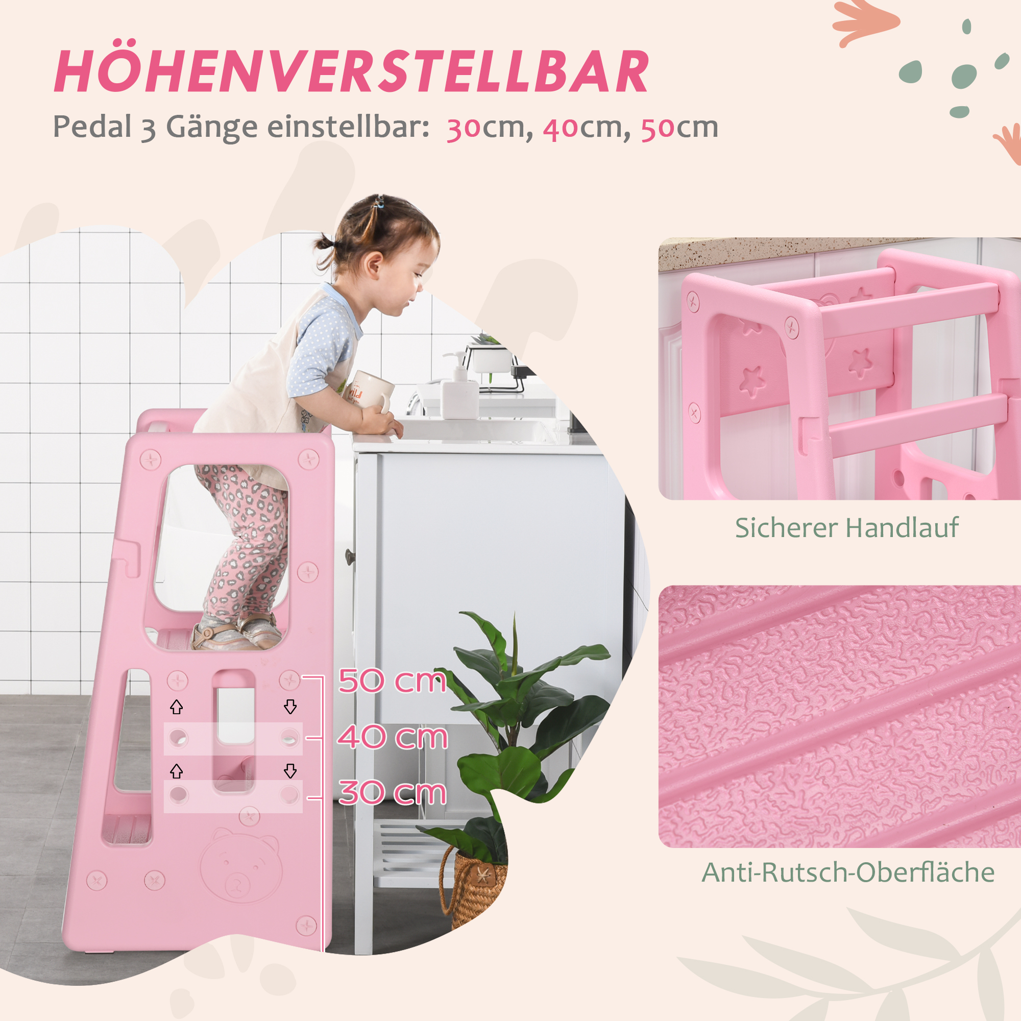 Lernturm, höhenverstellbar, leicht zu reinigen, rutschfest, kindersicherer Kunststoff, 47x47x90 cm, Rosa