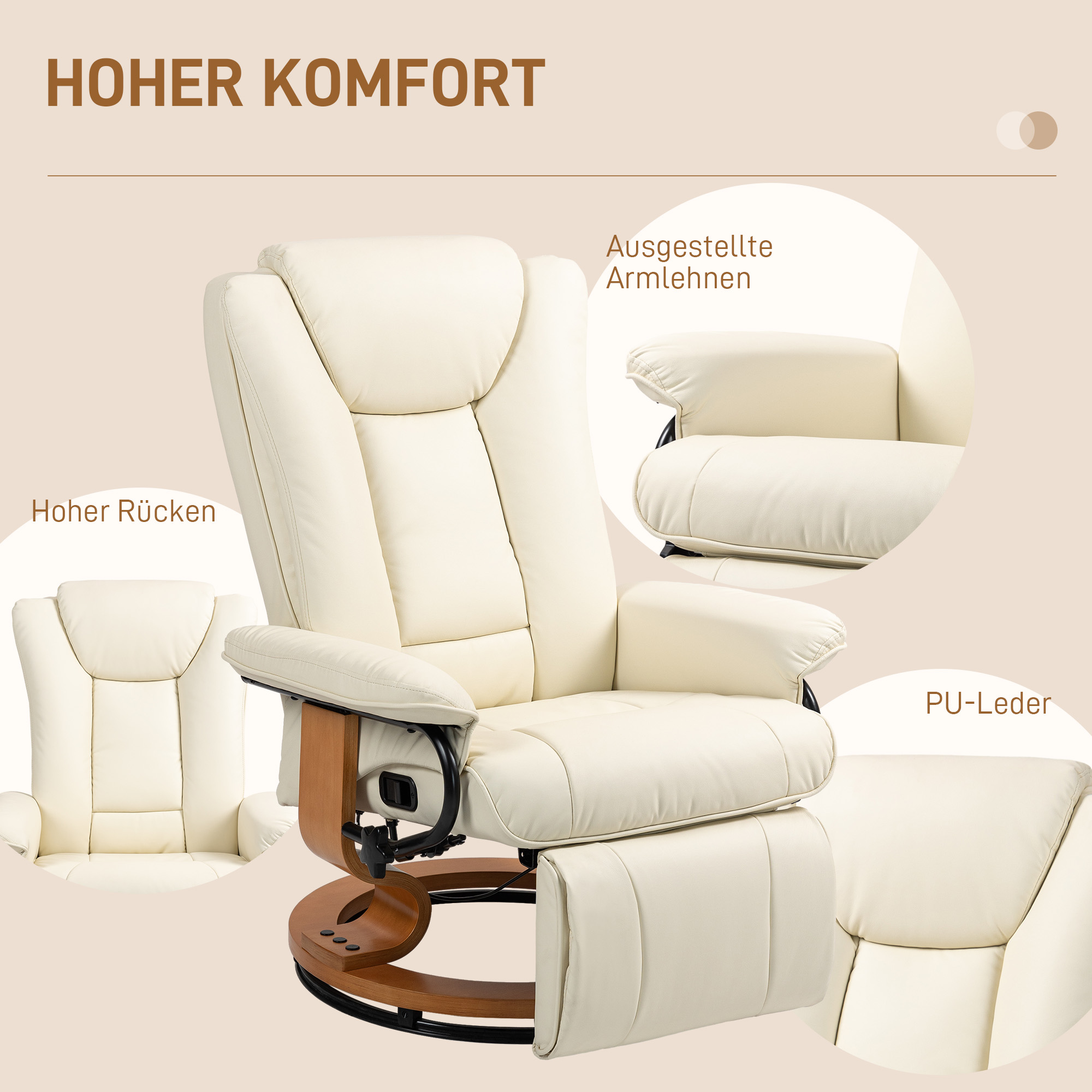 Relaxsessel mit Liegefunktion, drehbar, bis 150 kg, Kunstlederbezug, Stahlrahmen, Cremeweiß