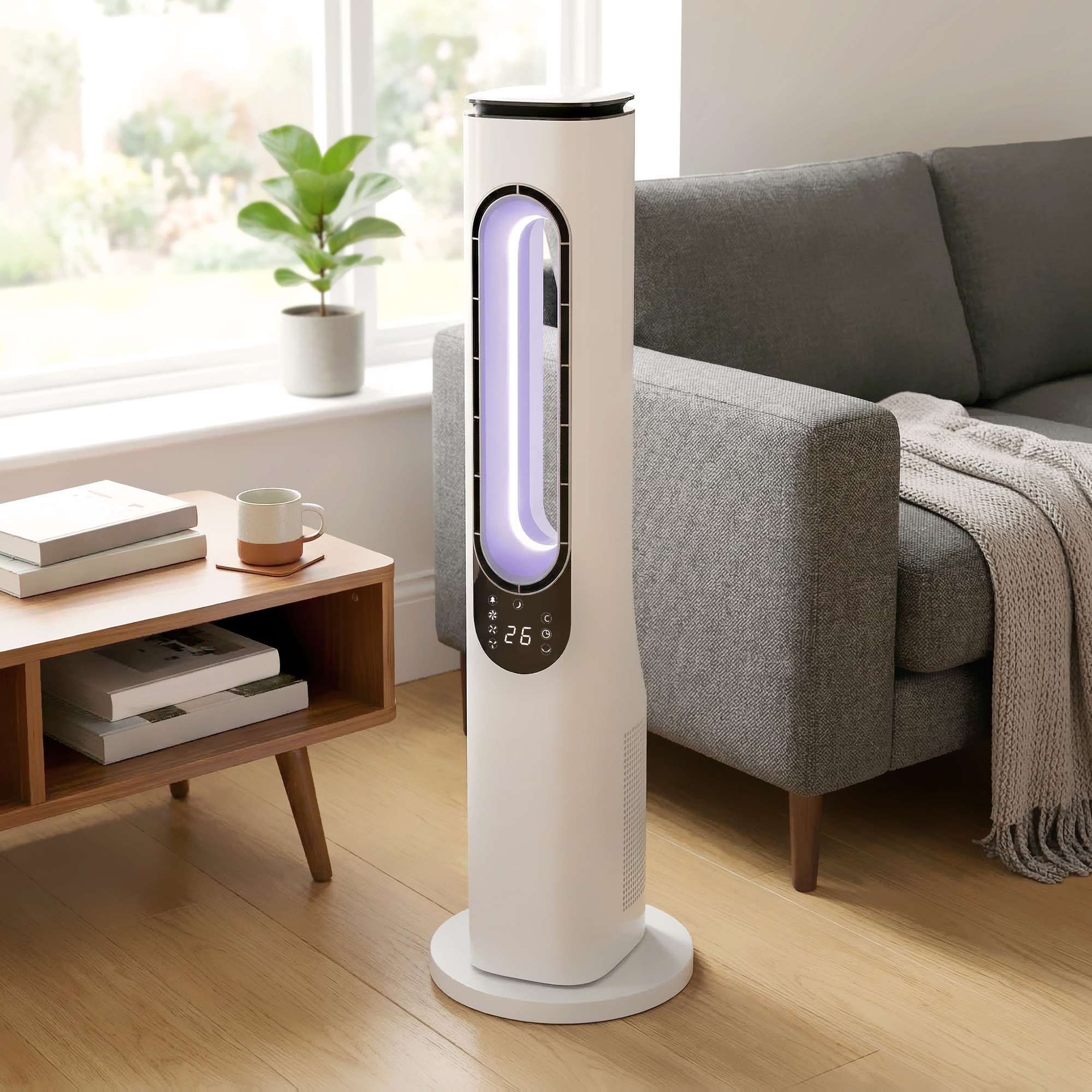 rotorloser Turmventilator für Schlafzimmer, 35 dB leiser Standventilator mit 50° Oszillation, LED-Leuchten, 3 Geschwindigkeiten, 15-Stunden-Timer, Weiß