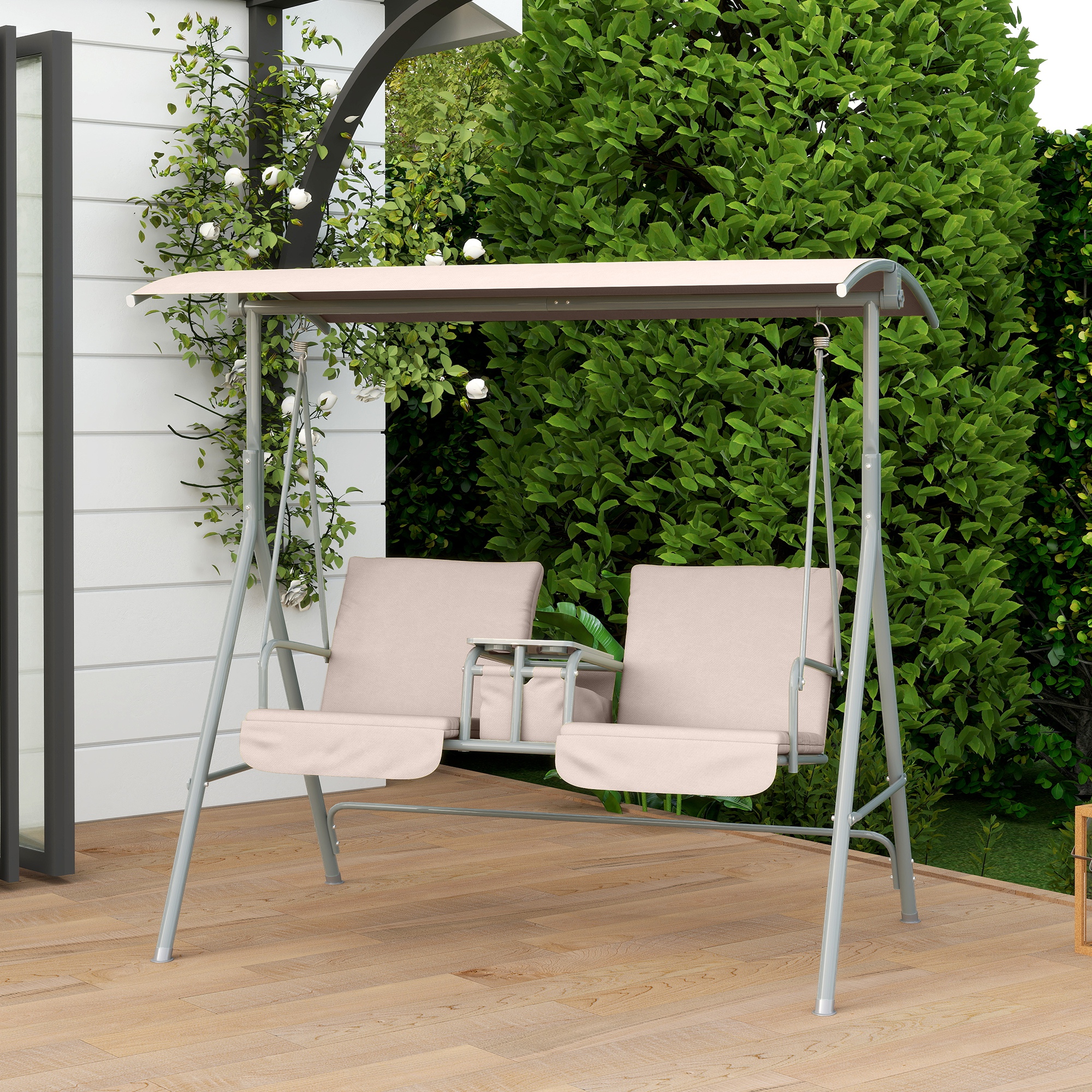Hollywoodschaukel, Gartenschaukel, 2-Sitzer-Schaukel mit Sonnendach, 175 x 112 x 158 cm, Beige