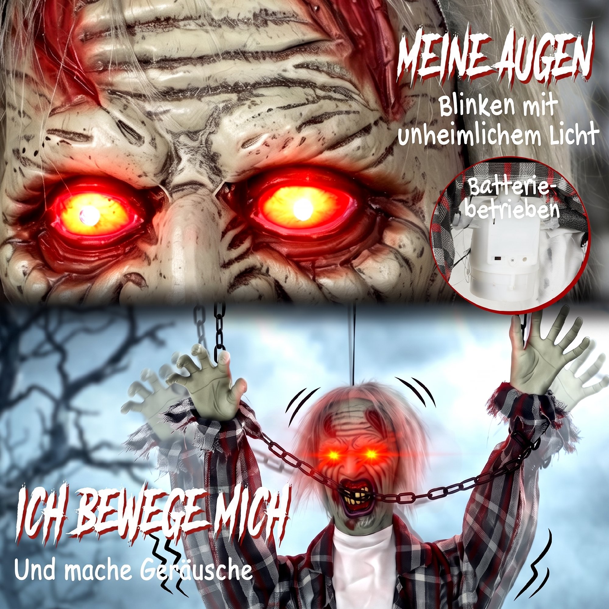 110 cm animierte hängende Halloween-Deko, schreiender Zombie, Sound- & Berührungsaktivierung, rote LED-Augen