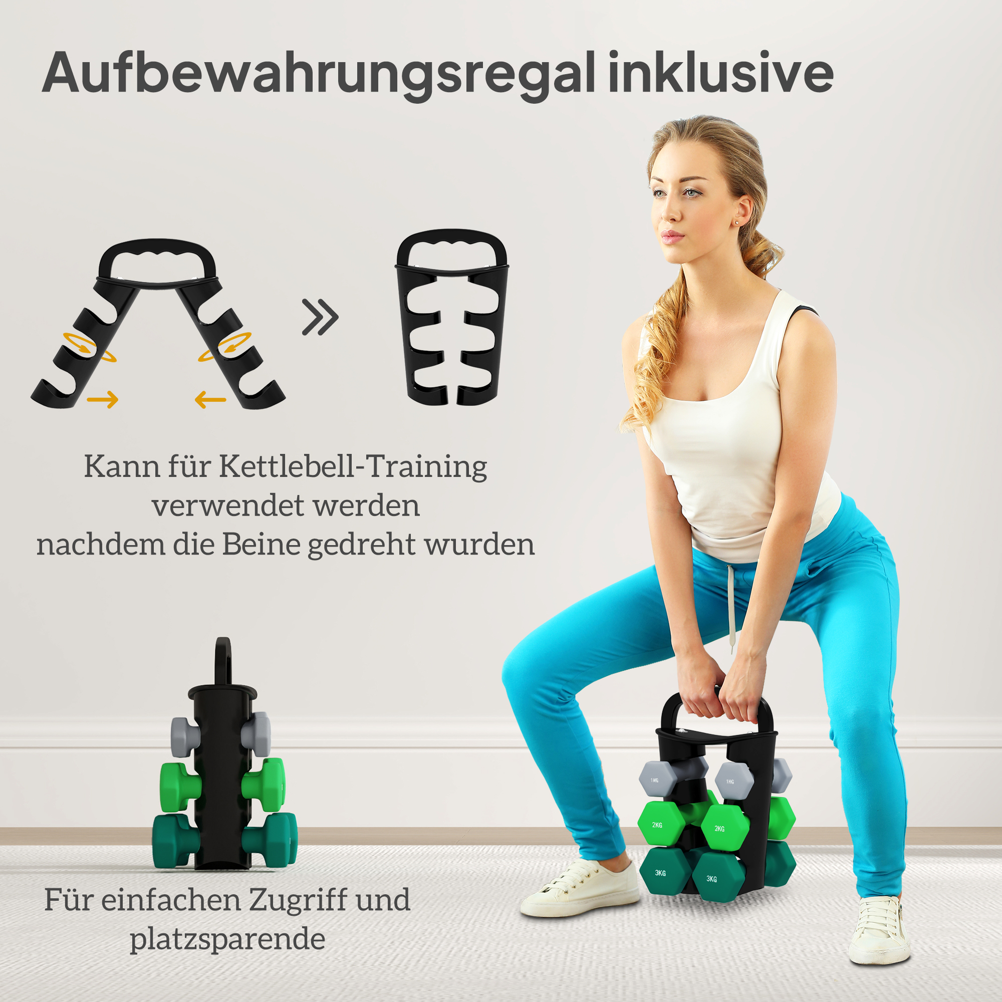Hantelset mit Aufbewahrungsgestell, Set mit 6 Hanteln für Fitness-Training, 2 x 1kg, 2 x 2kg, 2 x 3kg
