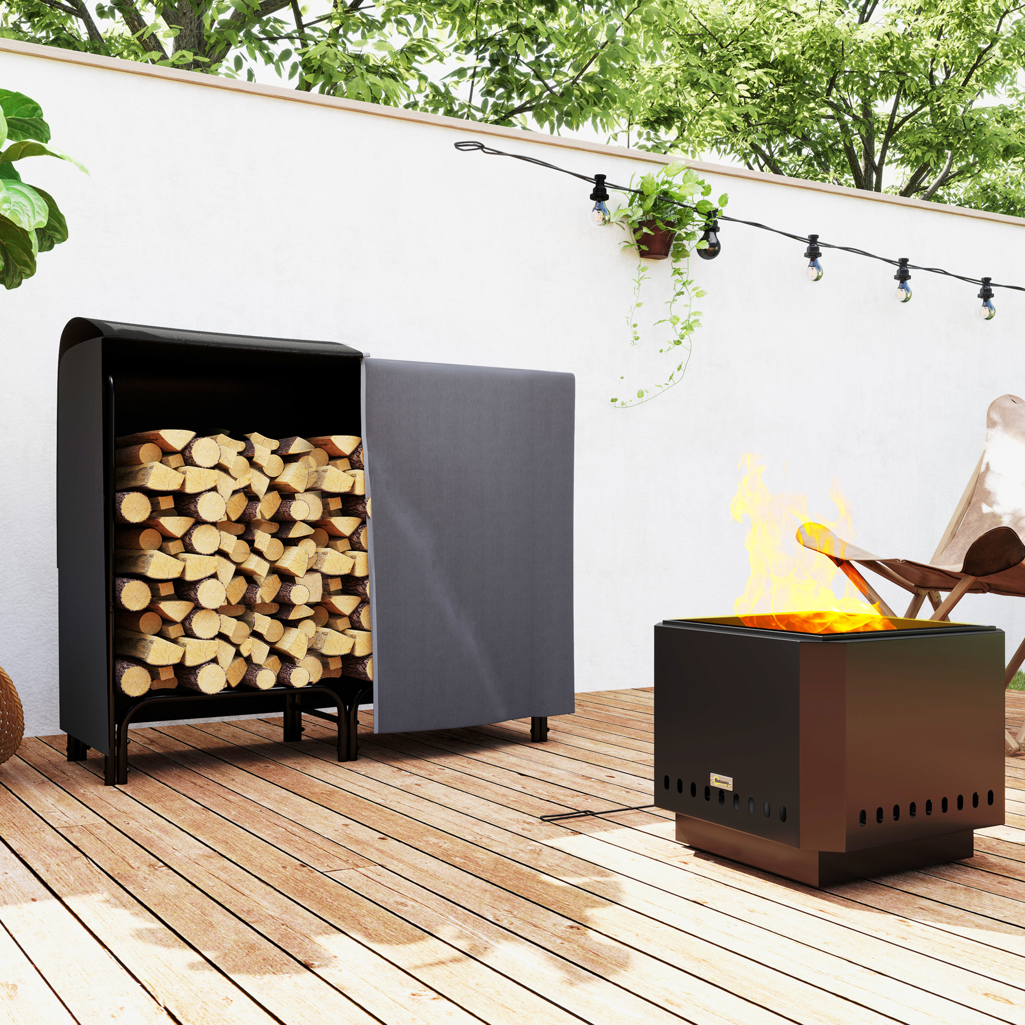 Feuerholzgestell, 0,33 m³, mit Tragetasche & Abdeckung, Metallrahmen, bis 150 kg, 120 x 36 x 99 cm, Schwarz