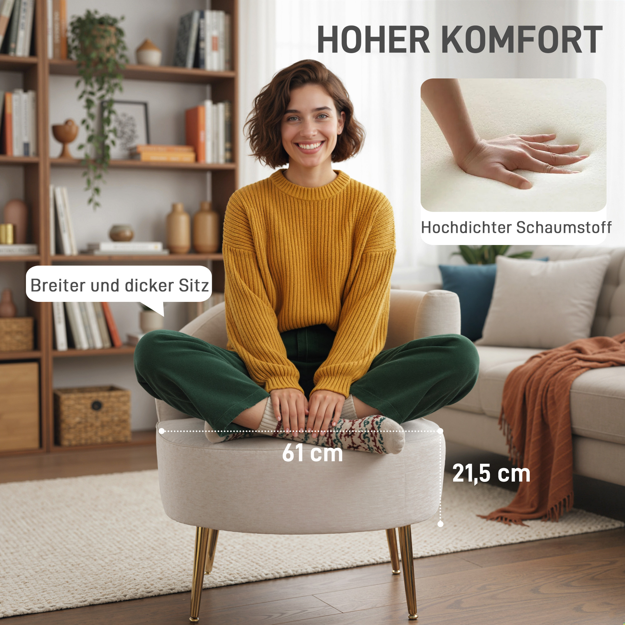 Loungesessel Sessel mit Chenille-Optik, Schrägere Rückenlehne, Goldenen Stahlbeinen für Wohnzimmer, Cremeweiß