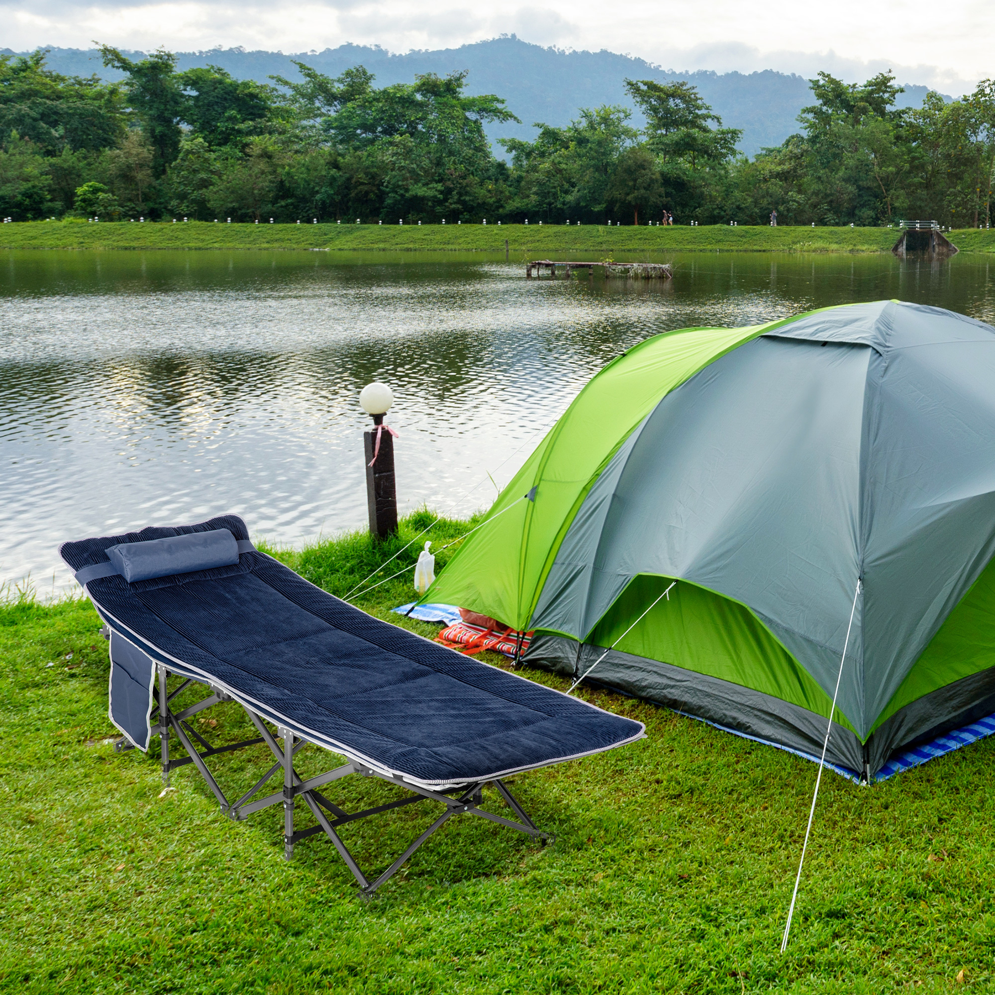 Campingbett, klappbares Feldbett mit Kopfkissen, 188 x 64,5 x 53 cm, Dunkelblau