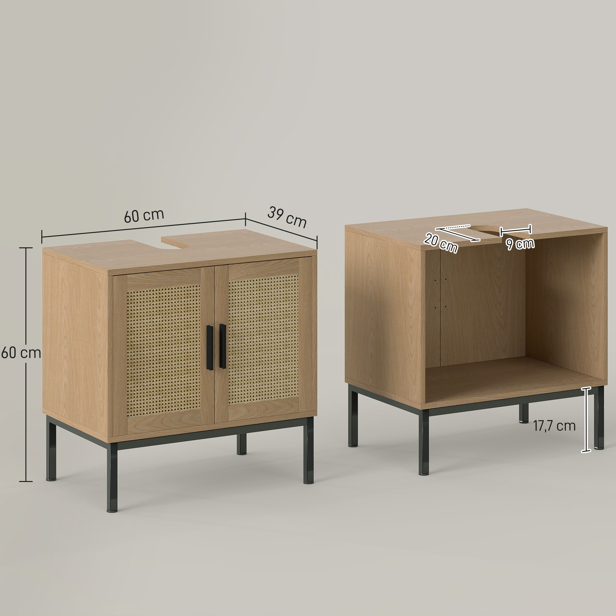 Badezimmerunterschrank, im Boho-Design, Badezimmerschrank, Rattan-Elemente, mit U-Ausschnitt, Eiche