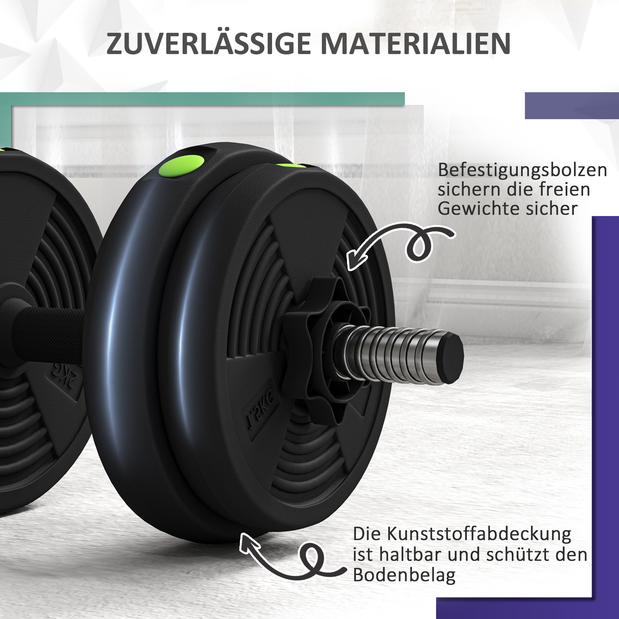 2-in-1 Hantel-Set, Lang- & Kurzhantel, 15 kg, rutschfest, bodenschonend, Schwarz/Grün