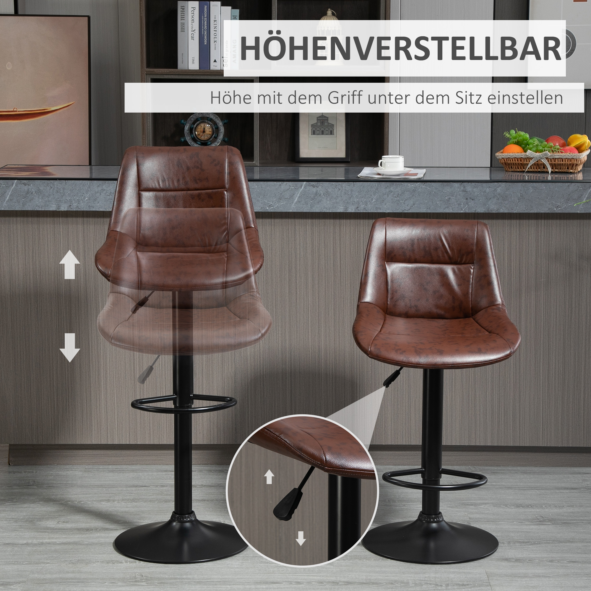 2er-Set Barhocker Barhocker Barstühle, höhenverstellbar, inkl. Fußstütze, 46,5cm x 50cm x 108cm, Schwarz + Braun