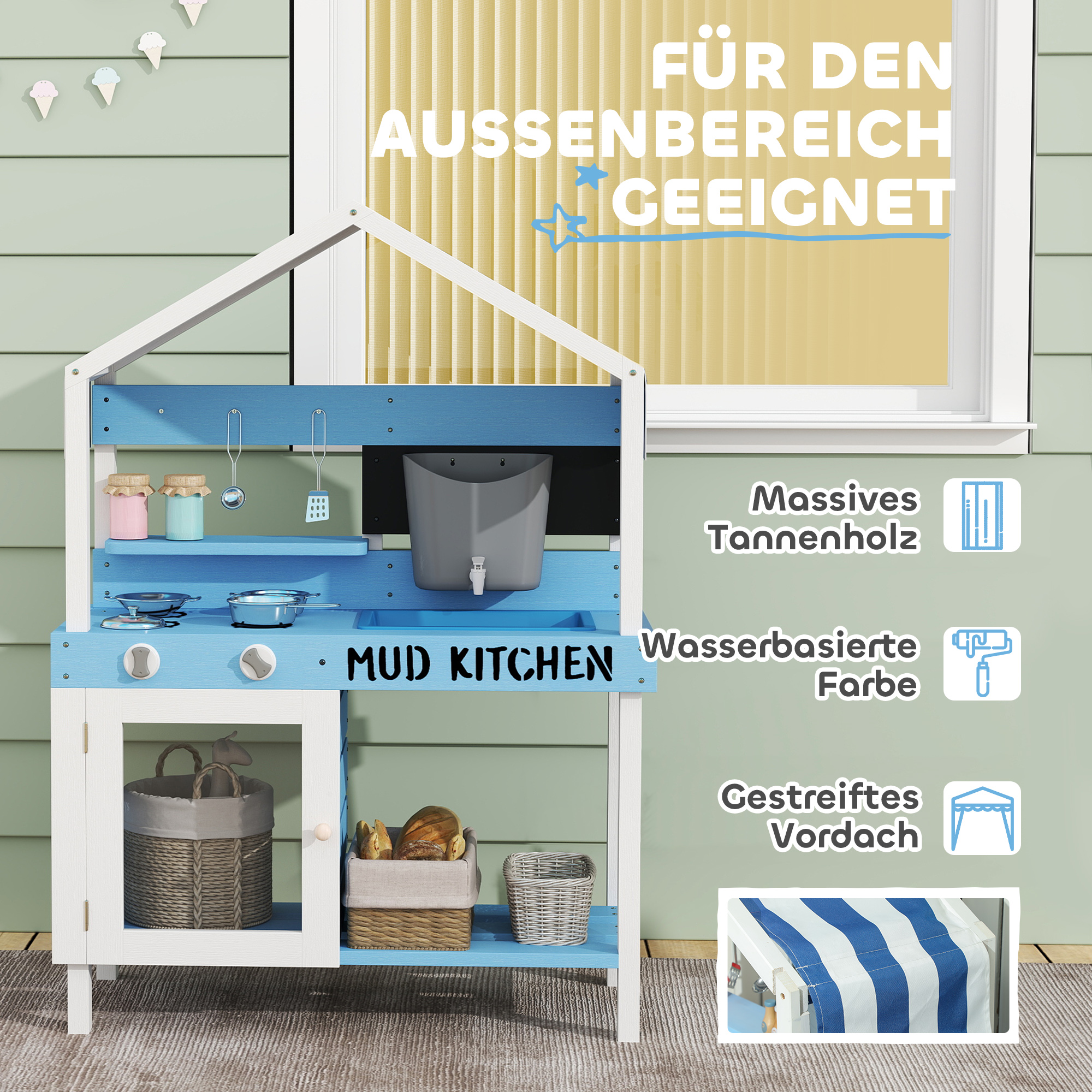 Outdoor-Spielküche für Kinder mit Sonnendach, Kochgeschirr-Set, Massivholz, Blau
