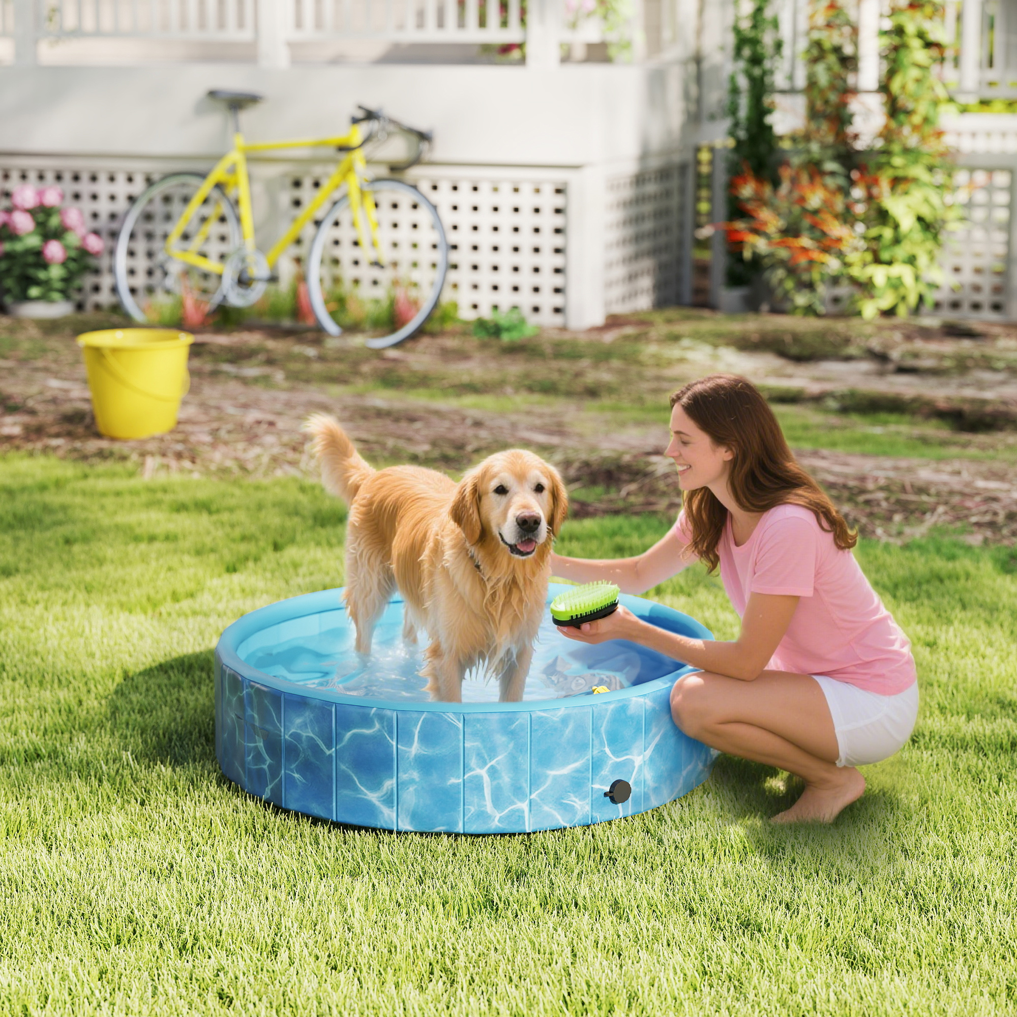 Hundepool Faltbar Planschbecken mit Brunnen- und Wasserpolsterdesign Ø120 x 30 cm Blau