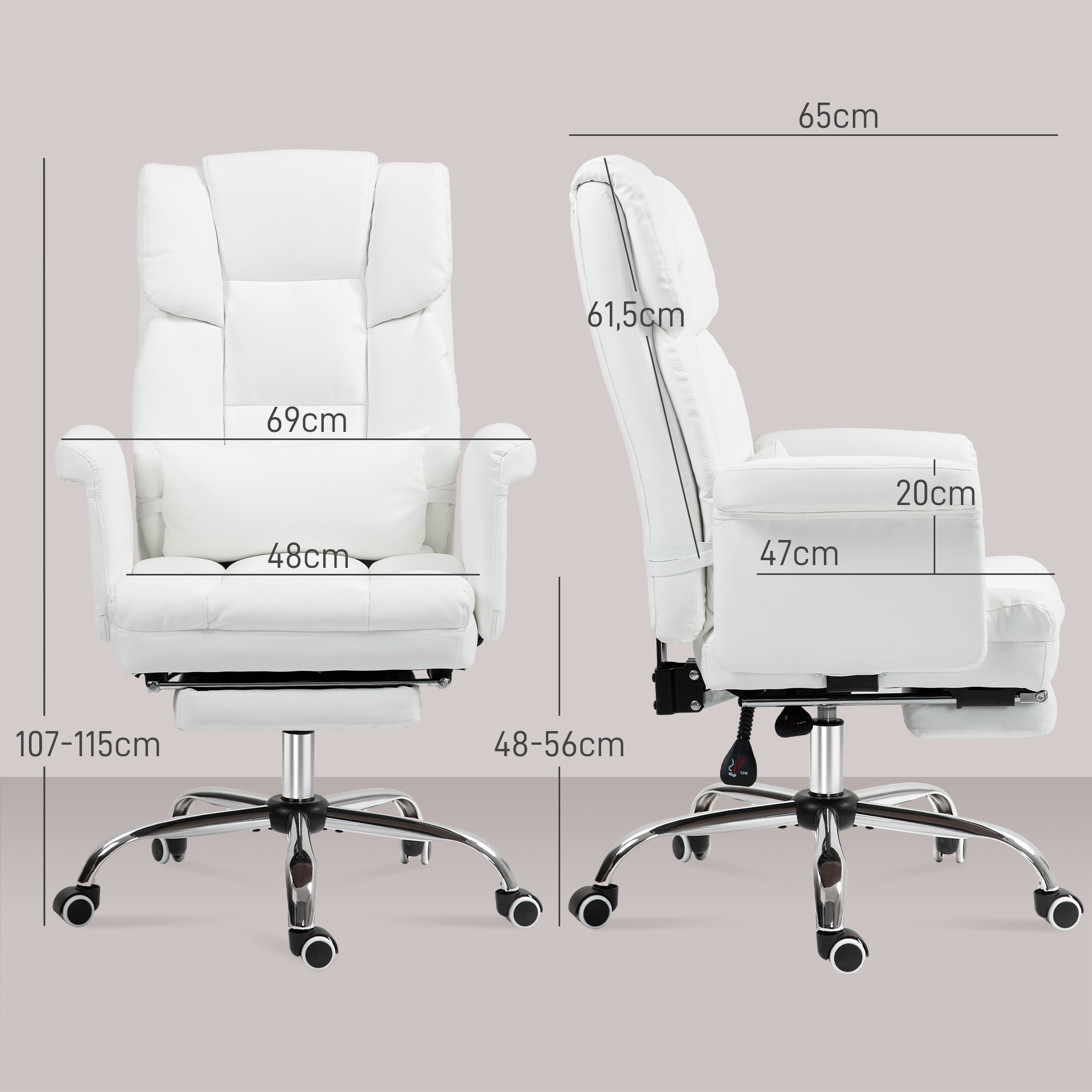 ergonomischer Bürostuhl, höhenverstellbar 48-56 cm, neigbare Rückenlehne, Fußstütze, Weiß