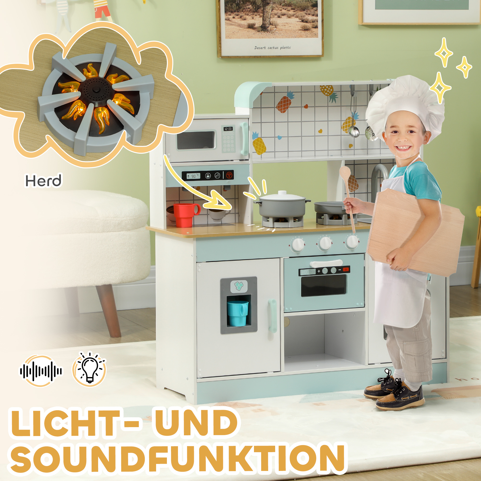 Spielküchen-Set, Kinderküche mit Effekten, Kaffeemaschine, Ofen, viel Stauraum, MDF, Edelstahl, für Kinder ab 3 Jahren