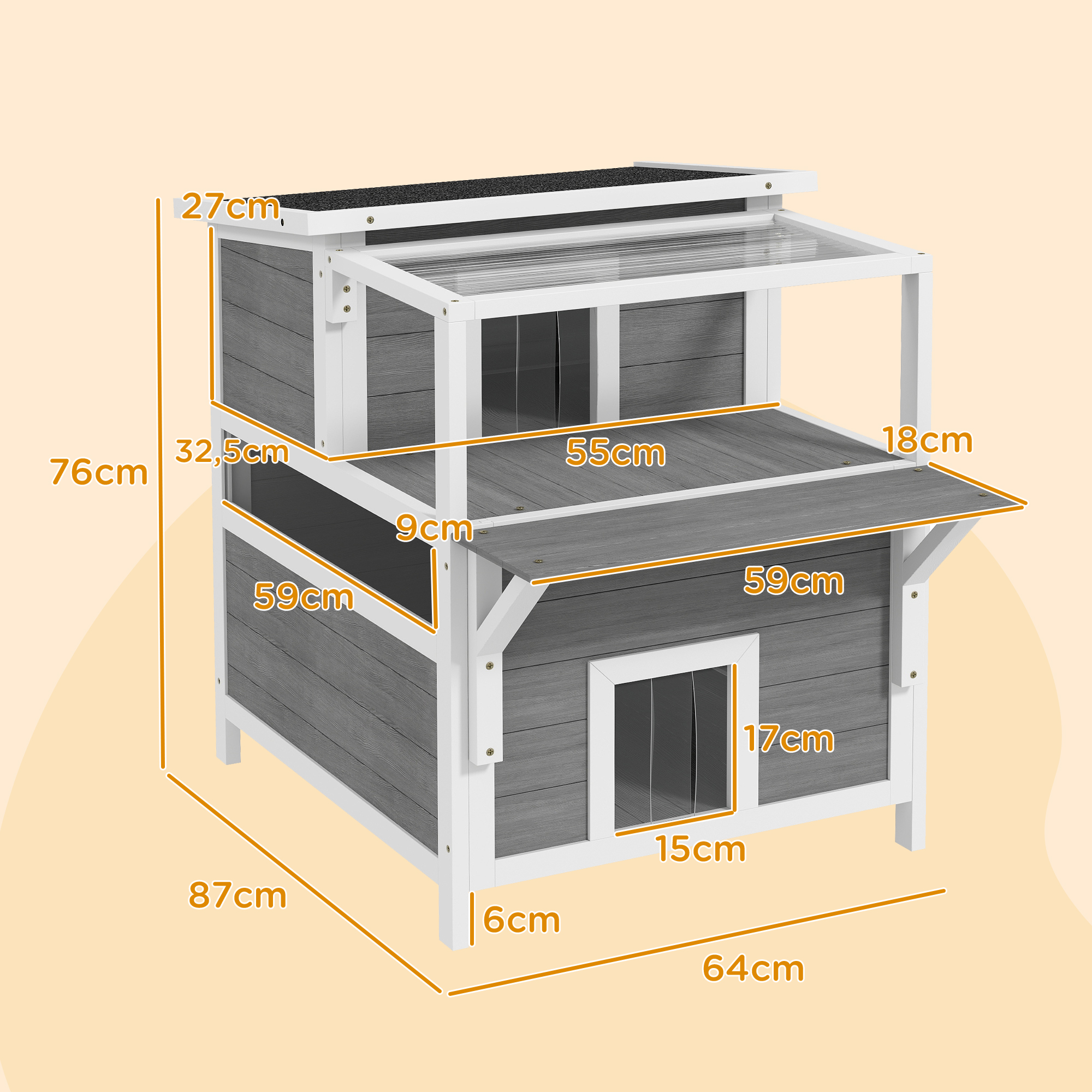 2-stöckiges Katzenhaus mit Balkon, Wetterfeste Katzenhütte, Regen- und Sonnenschutz, für drinnen und draußen, Hellgrau