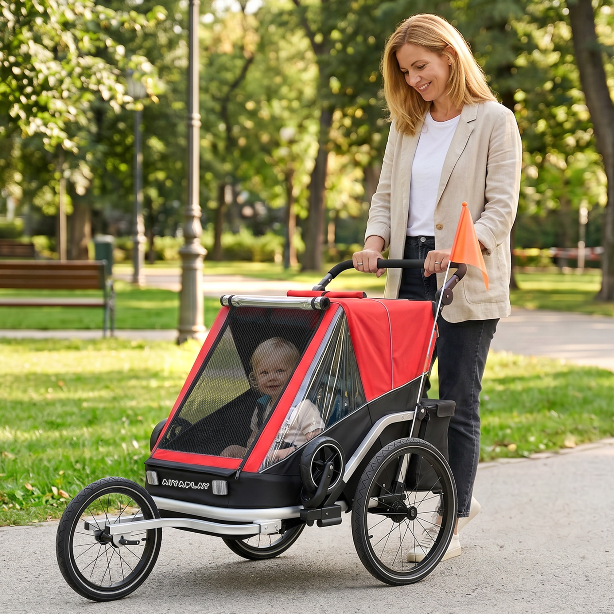 Fahrradanhänger für Kinder, 2-Sitzer, 2-in-1 faltbarer Kinderfahrradanhänger mit verstellbarem Sitz und Gurten, Rot