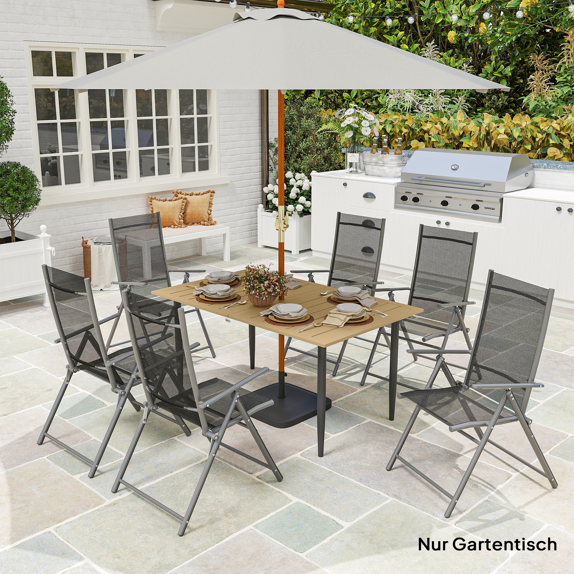 Gartentisch 150x90cm, Wetterfest Balkontisch aus Stahl, Balkontisch mit Schirmloch Braun
