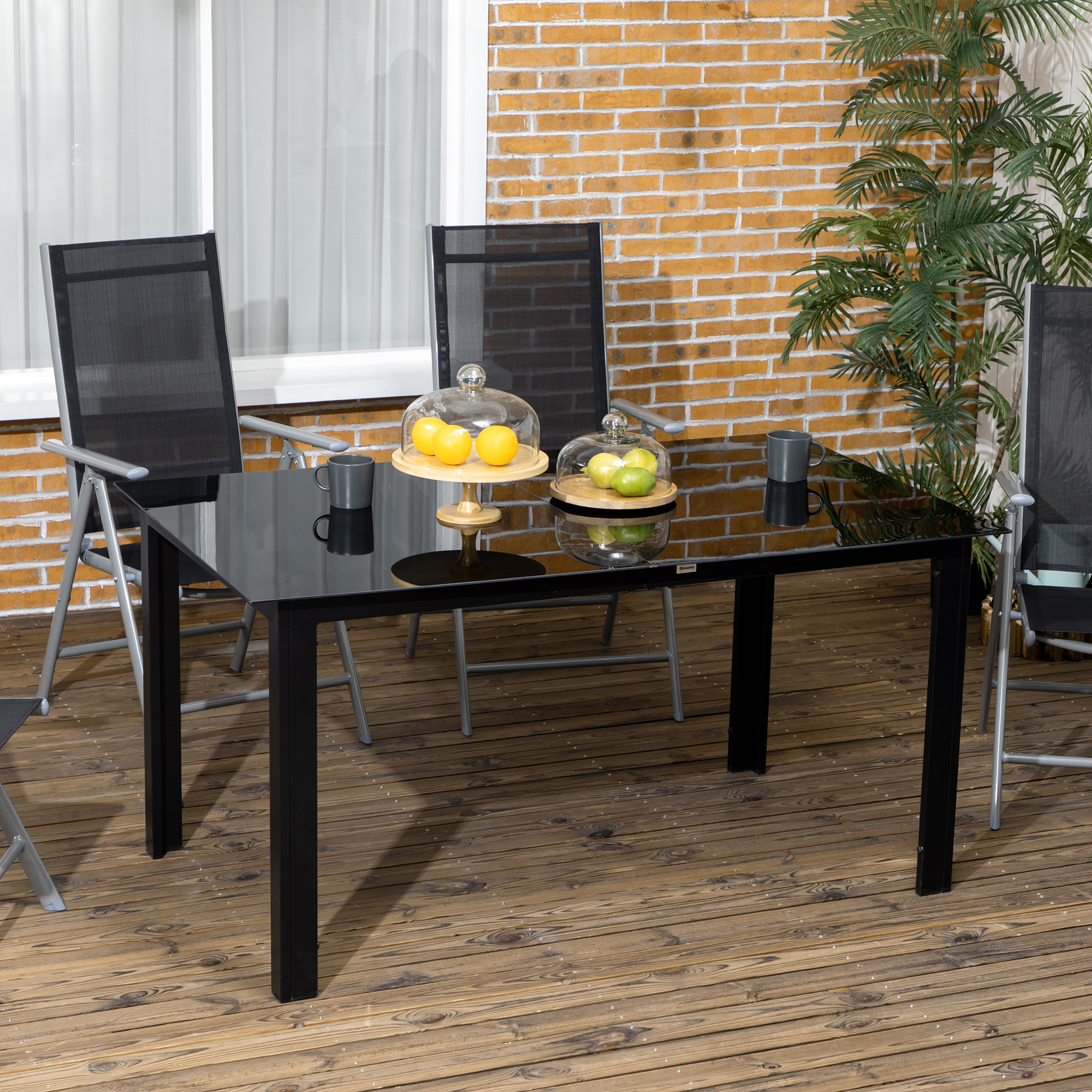 Gartentisch für 6 Personen, wetterbeständig, gehärtetes Glas, Terrassentisch, 150 cm x 90 cm x 74 cm, Schwarz