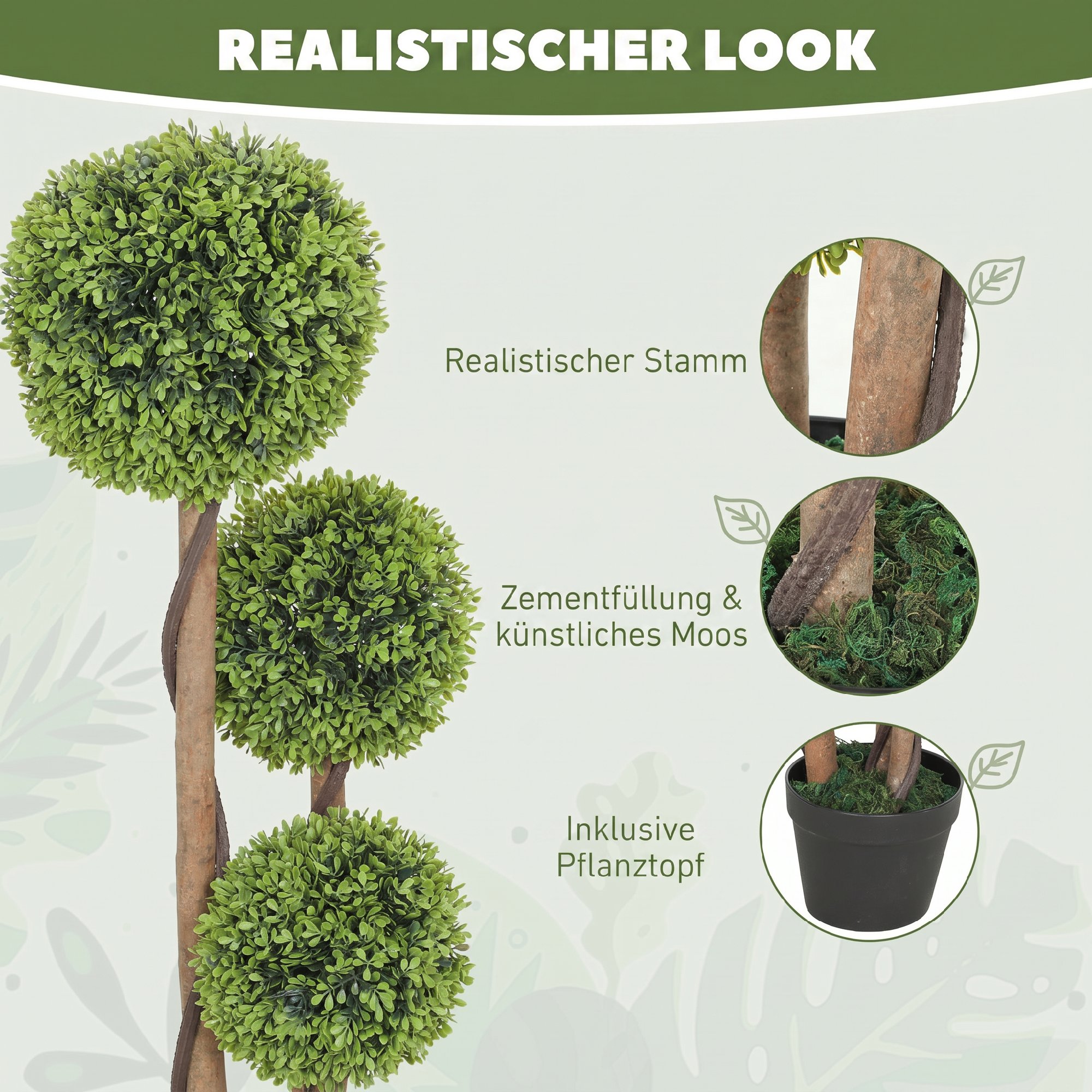 künstlicher Buchsbaum 2er Set, Kunstpflanze, realistisches Aussehen, Outdoor, Grün + Schwarz
