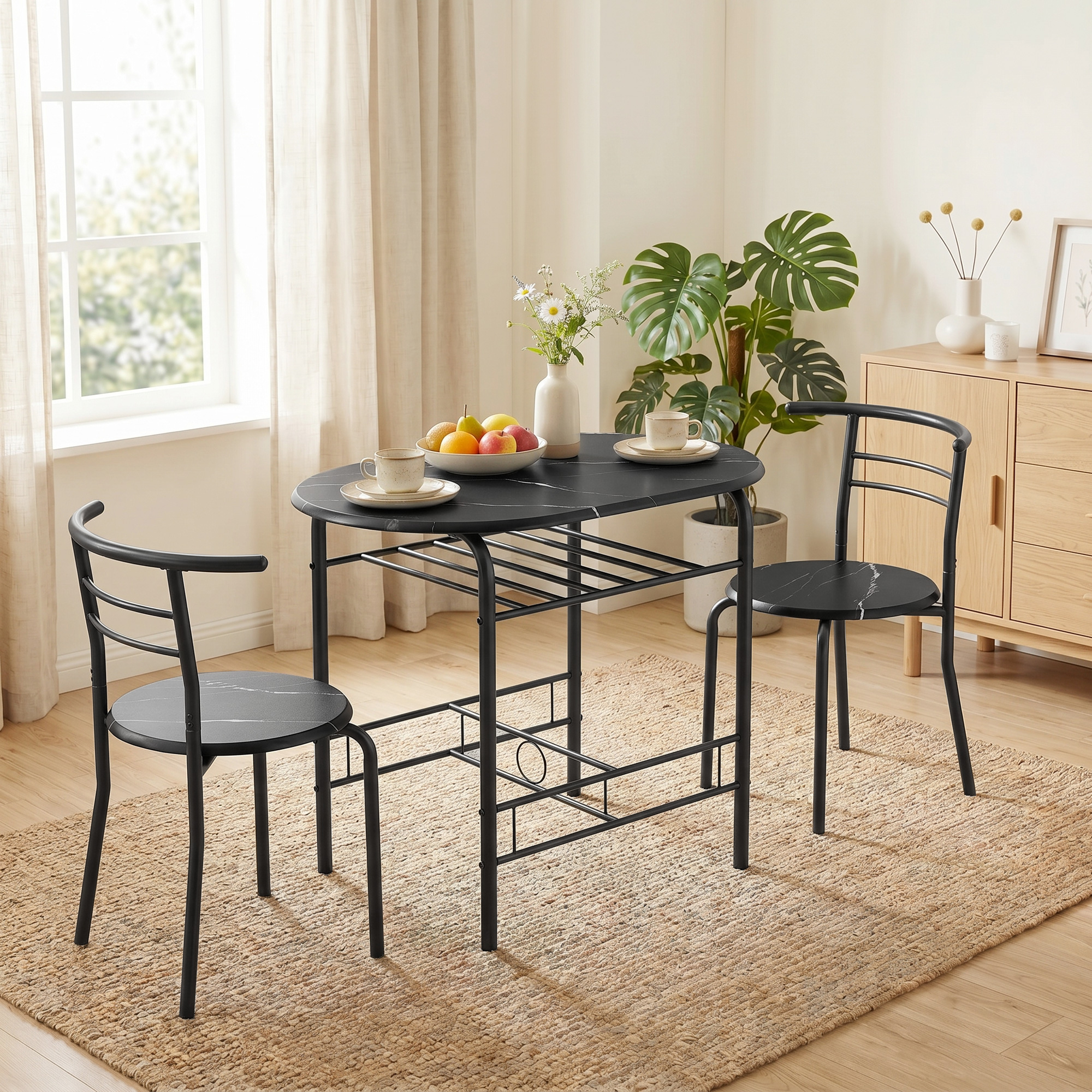 Essgruppe 3-teilig, Küchentisch und Stühle für 2 Personen mit Regal, Wohnzimmer, schwarze Marmor-Optik