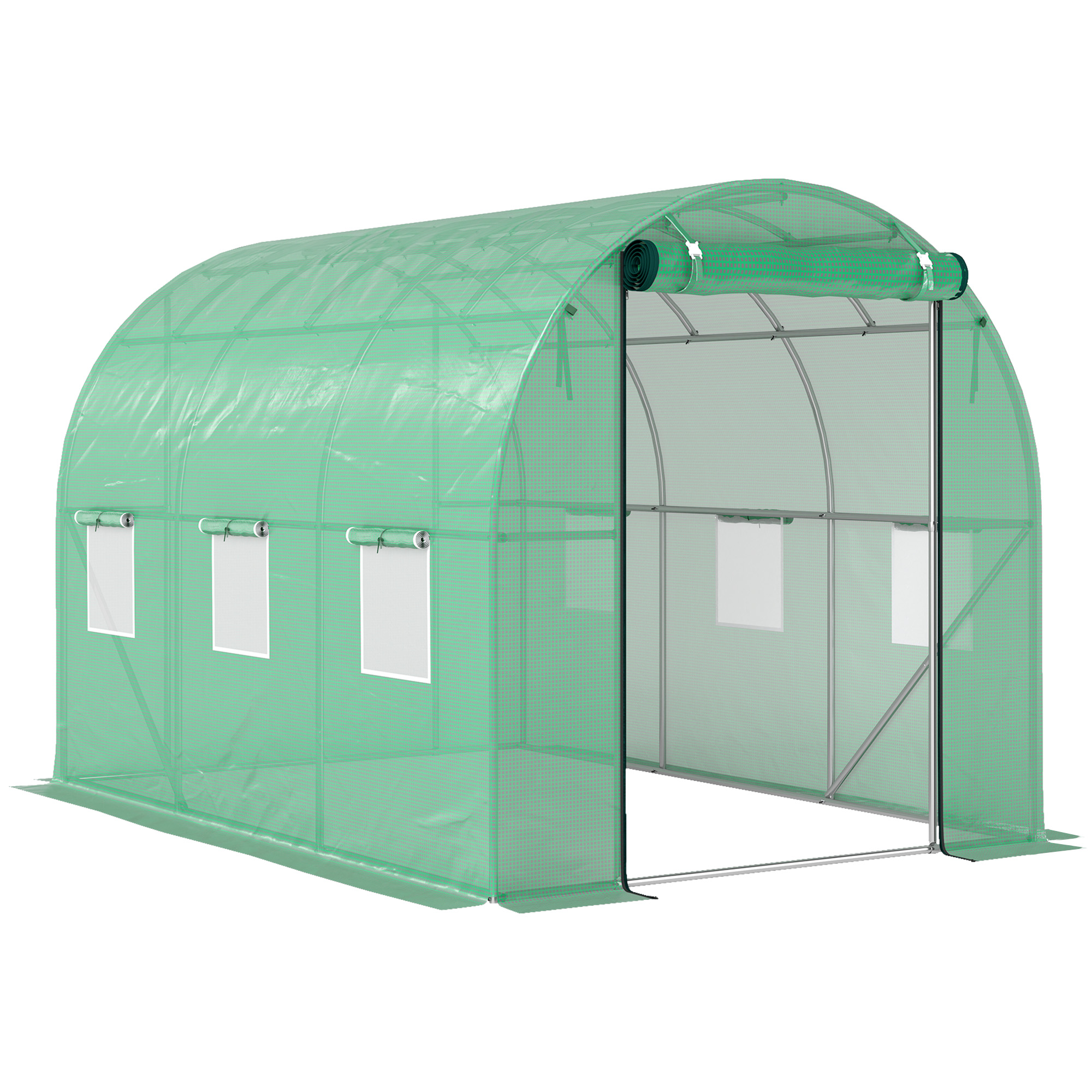 Polytunnel Gewächshaus mit Kunststoff-Abdeckung und Stahlrahmen, begehbares Gewächshauszelt mit Rolltüren, Grün
