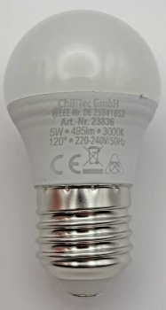 LED Tropfenlampe E27  "promo" warmweiß, 120°, 230V, 5W, 495lm, 3000k