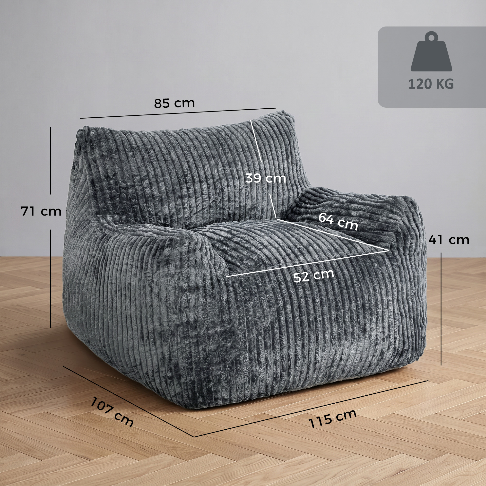 Bodensessel für Erwachsene, große Cloud-Bodenlounge ohne Gestell, mit Rückenstütze und Armlehnen, ohne Montage, Grau