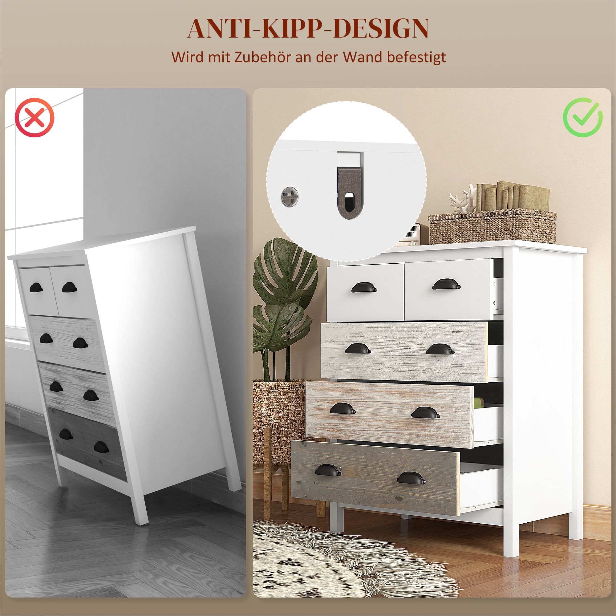 Sideboard, Kommode, 5 Schubladen, lackierte Oberfläche, MDF & Kiefernholz, 70 x 38 x 85 cm, Weiß