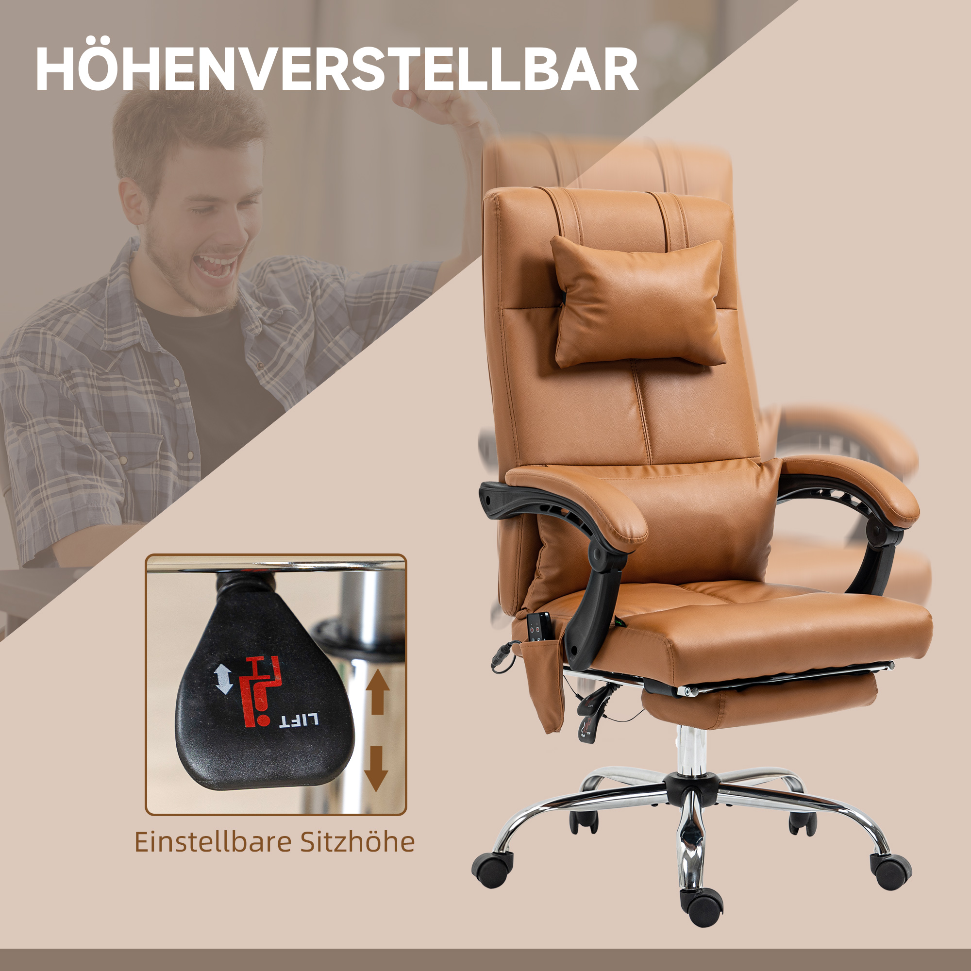 Bürostuhl mit Massagefunktion, ergonomisch, 66x67x114-122cm, Hellbraun
