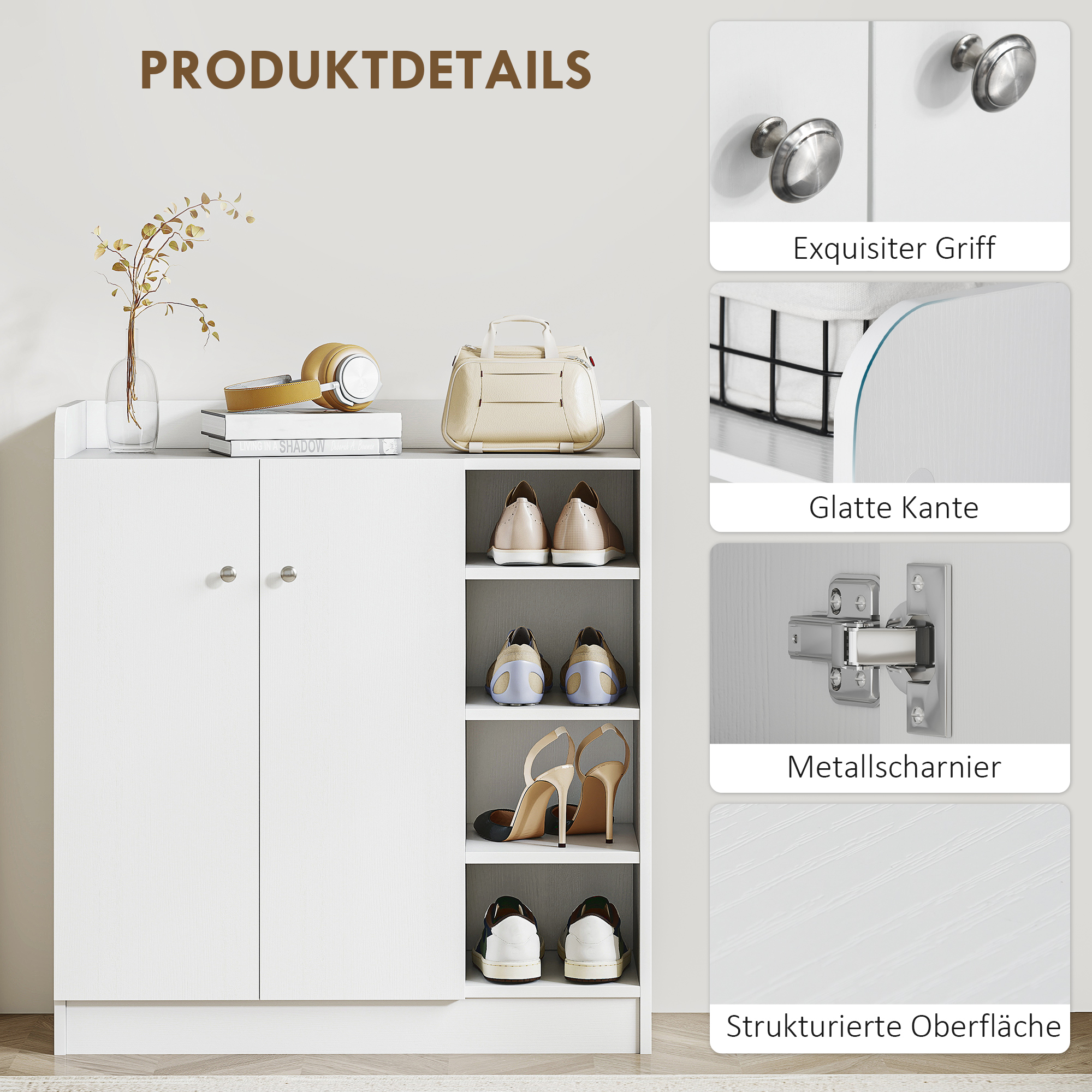 Schuhschrank Schuhkommode Schuhregal, 4 Regale. 1 Schrank, 83 cm x 30  cm x 90 cm, Weiß