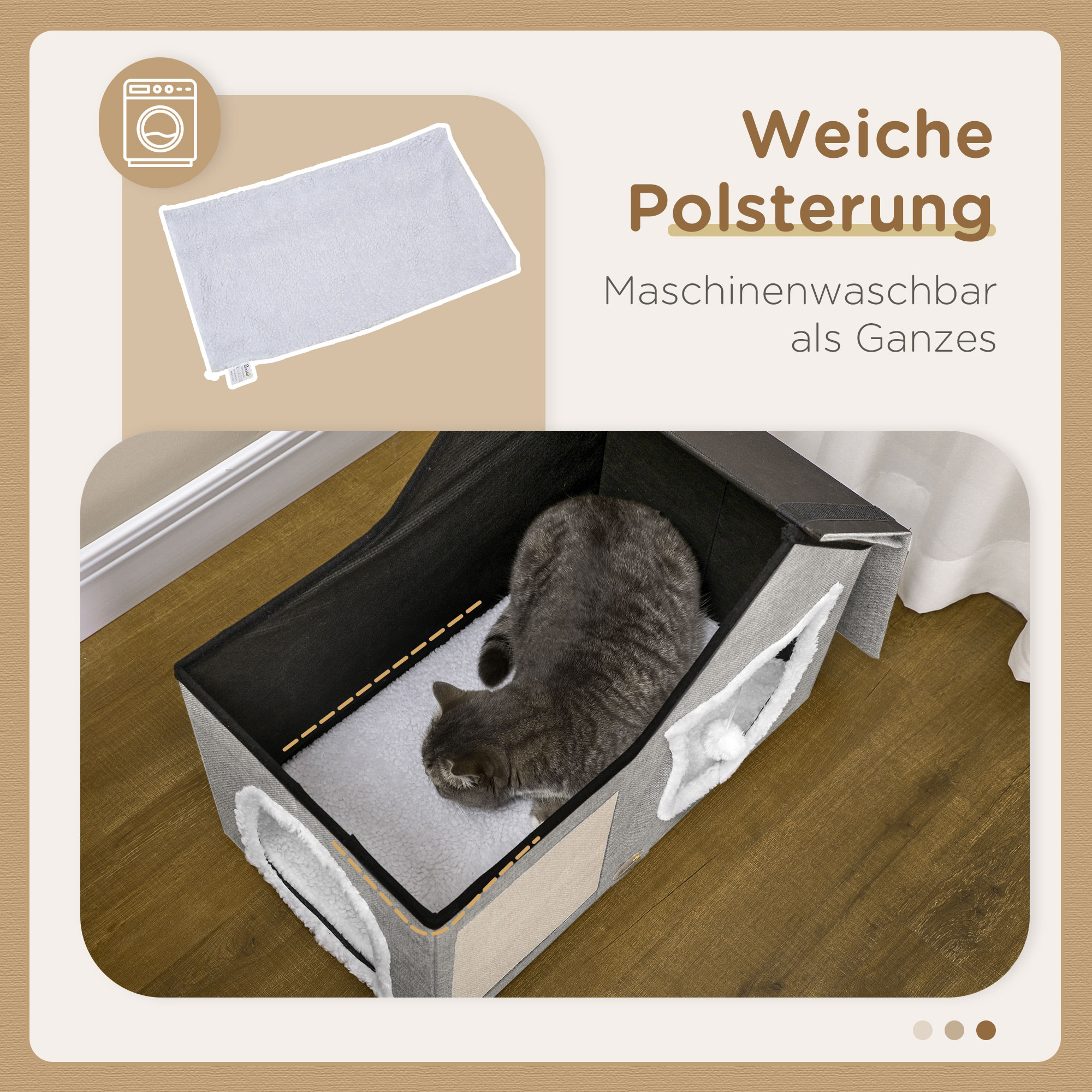 Katzenhaus mit Kratzfläche, inkl. Spielball, Katzenhöhle, 65 cm  x 41 cm x 45.5H cm, Braun + Weiß + Beige