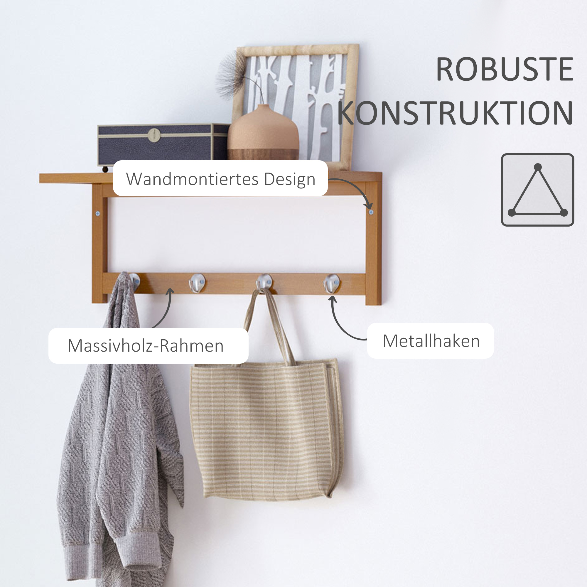 Wandgarderobe Garderobe mit Haken Wandmontage platzsparend 5 kg belastbar, 50 x 16 x 17,5 cm Naturholz
