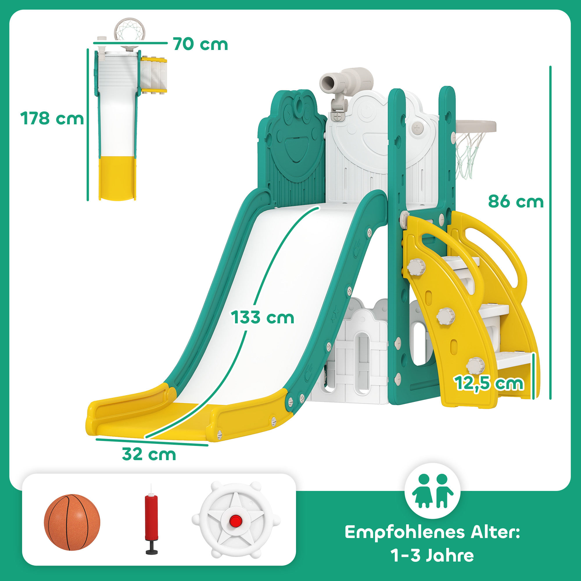 5-in-1 Kinderrutschenset, Teleskop, Basketballkorb, Kunststoff, Gelb+Grün