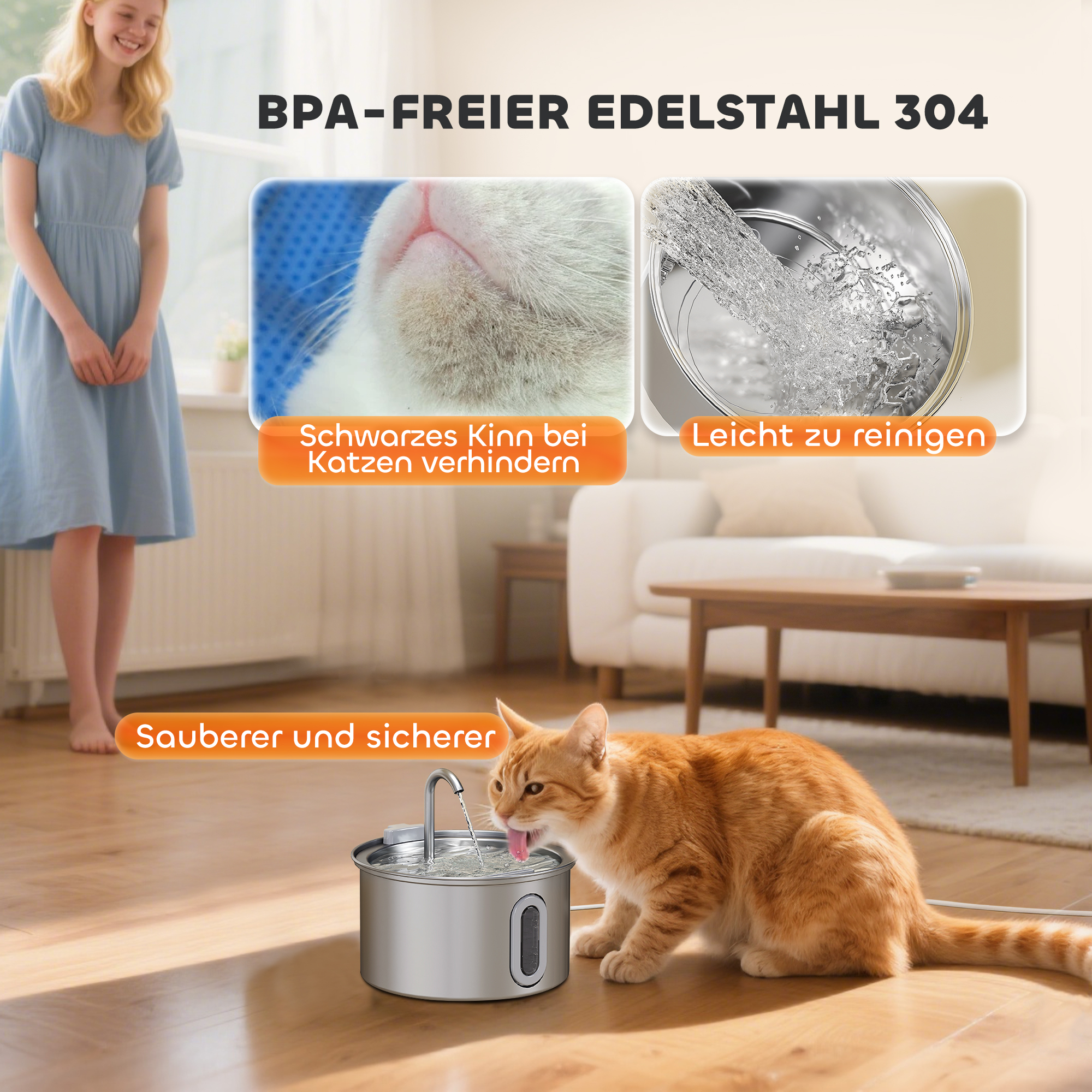 Katzenbrunnen 2,5L Trinkbrunnen für Katzen mit leiser Pumpe LED Aktivkohlefilter 19,4 x 19,4 x 18,7 cm