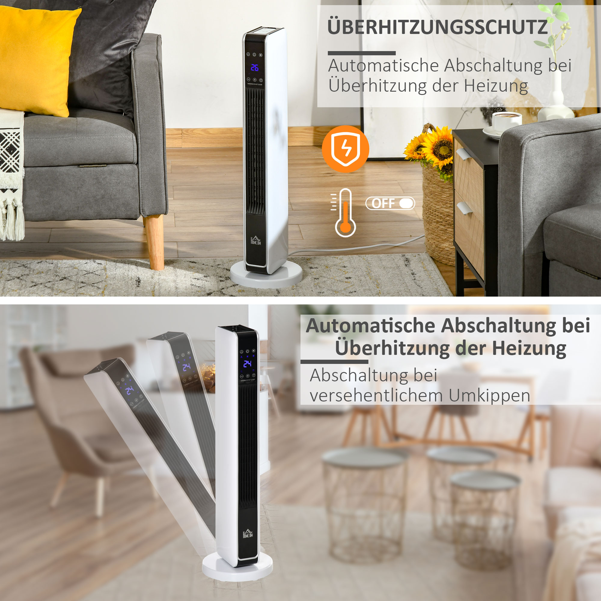 Heizgerät Heizlüfter 2200W Elektroheizer Keramik Heizturm mit Fernbedienung 8-Stunden-Timer Oszillation Heizer Heizung ABS PA Weiß+Schwarz 21 x 21 x 73 cm