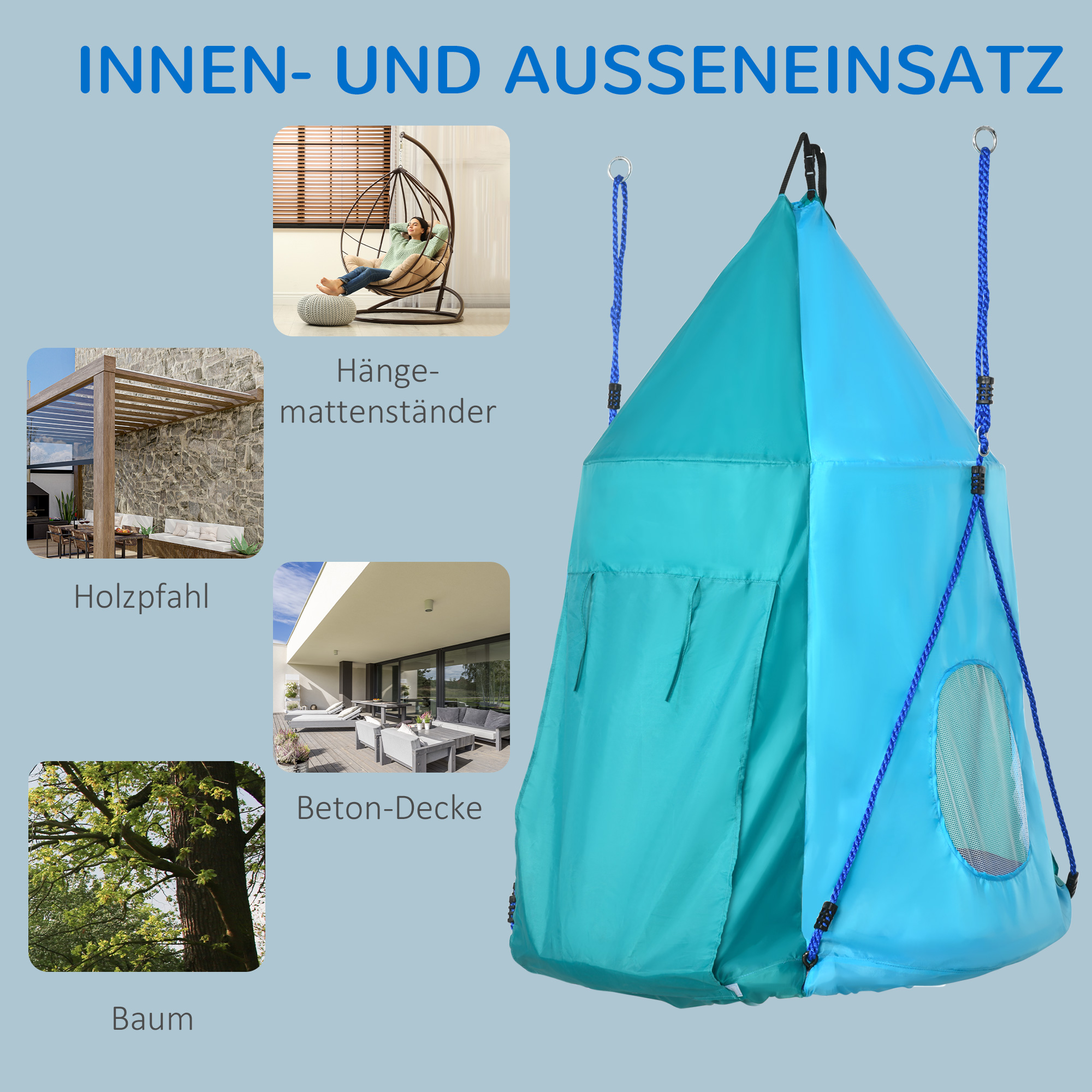Nestschaukel mit Zelt, Ø100 cm, längenverstellbare Seile, wasserdicht, bis 150 kg belastbar, blaugrün