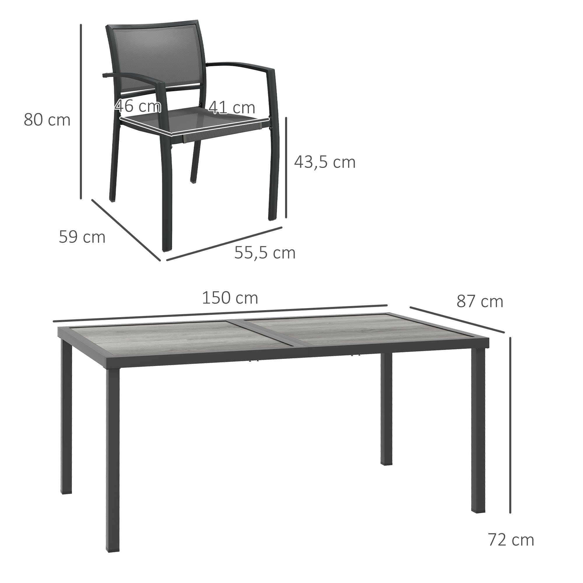 Gartenmöbel-Set Gartensitzgruppe, 1 Tisch, 4 Stühle, 150 x 87 x 72 cm, Grau