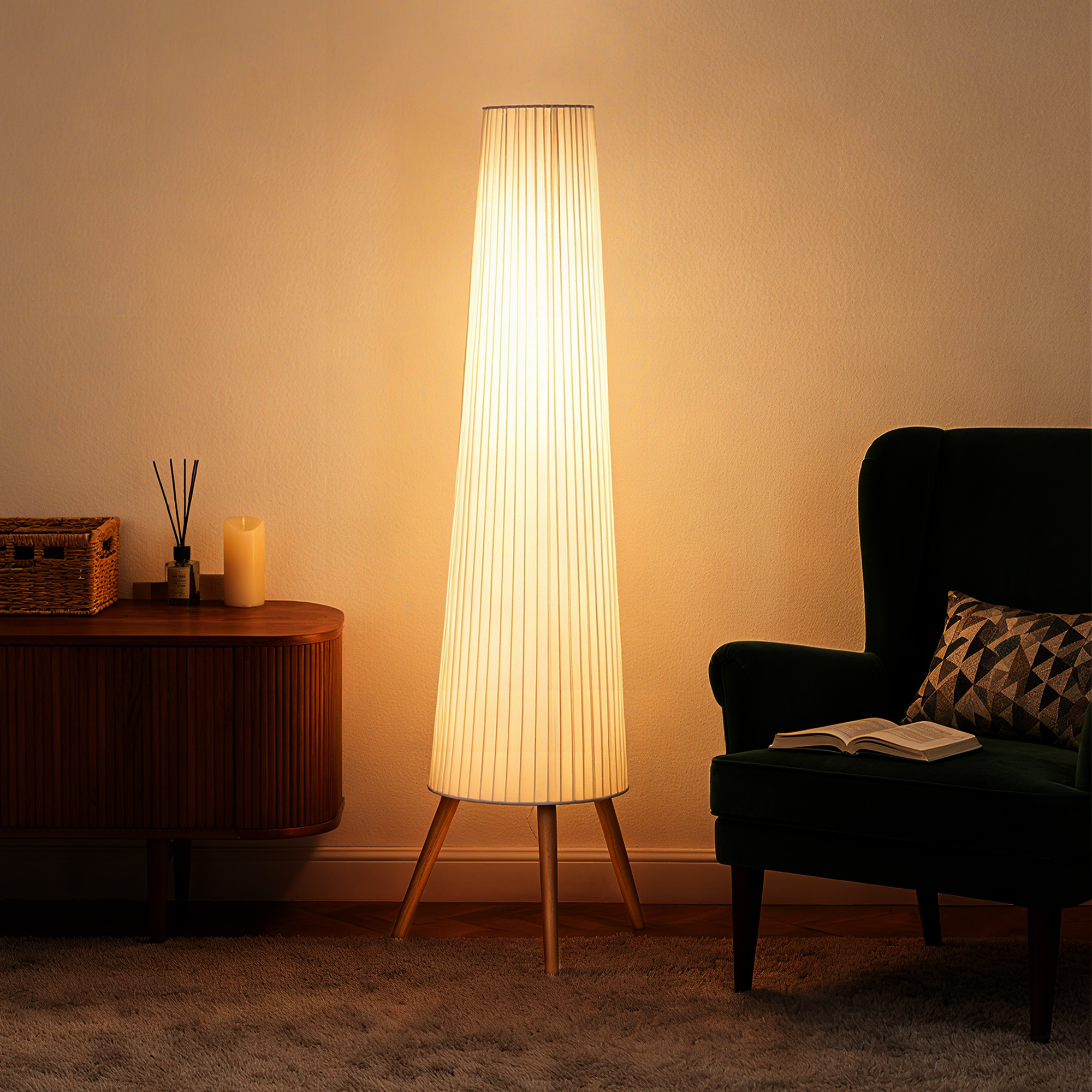 LED Stehlampe Wohnzimmer Dimmbar Holz mit Dreibein, Stehleuchte mit Fußschalter, 46 x 46 x 153 cm, Weiß