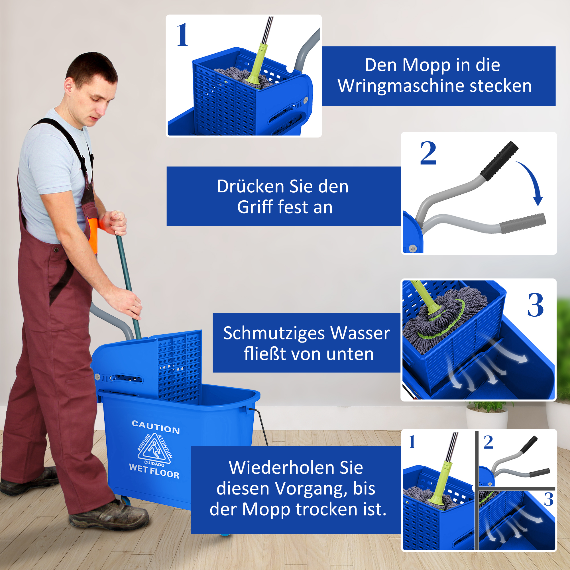 20l Mopp-Eimer mit Auswringer und Griff, Wischmopp-Eimer auf Rädern, Kunststoff, Blau