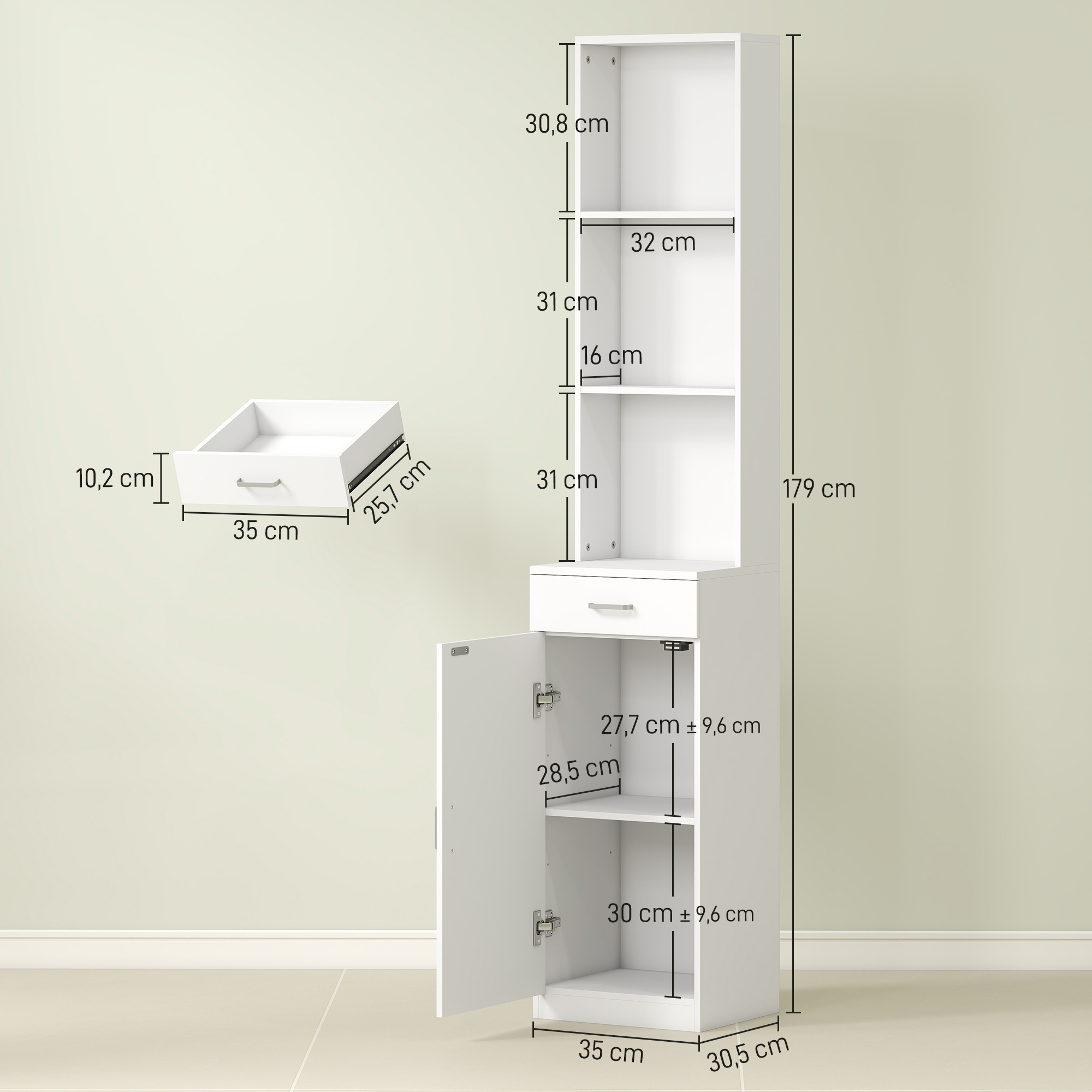 Hoher Badezimmerschrank, schmales Design, Schublade, Regale, Schrank, Spanplatte, Weiß