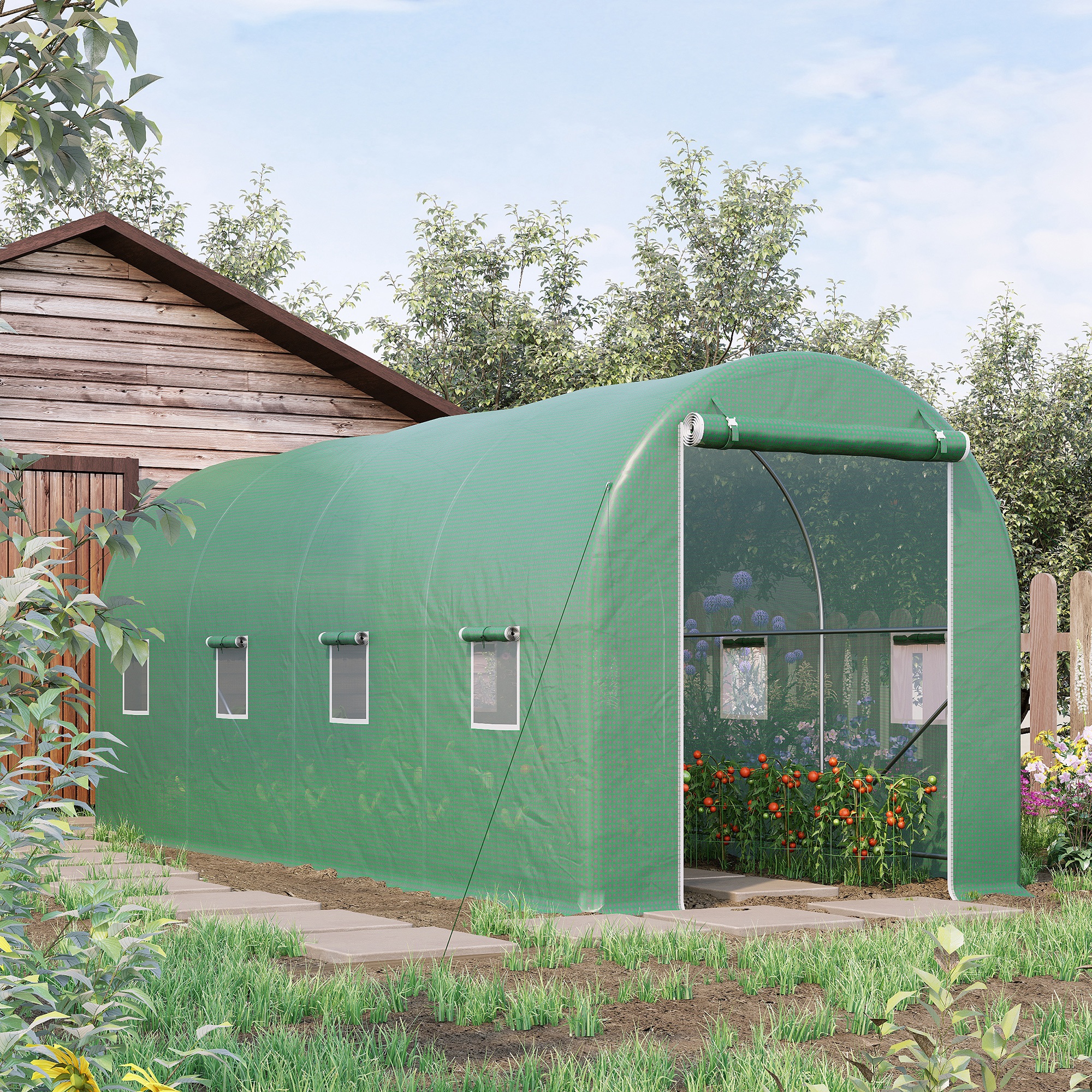 Gewächshaus 500x200x205cm Foliengewächshaus Tomatenhaus mit Tür, 8 Fenster, Folientunnel aus verzinktem Stahl, PE, stabiles Treibhaus Pflanztunnel, inkl. Erdanker & Seilen, Grün