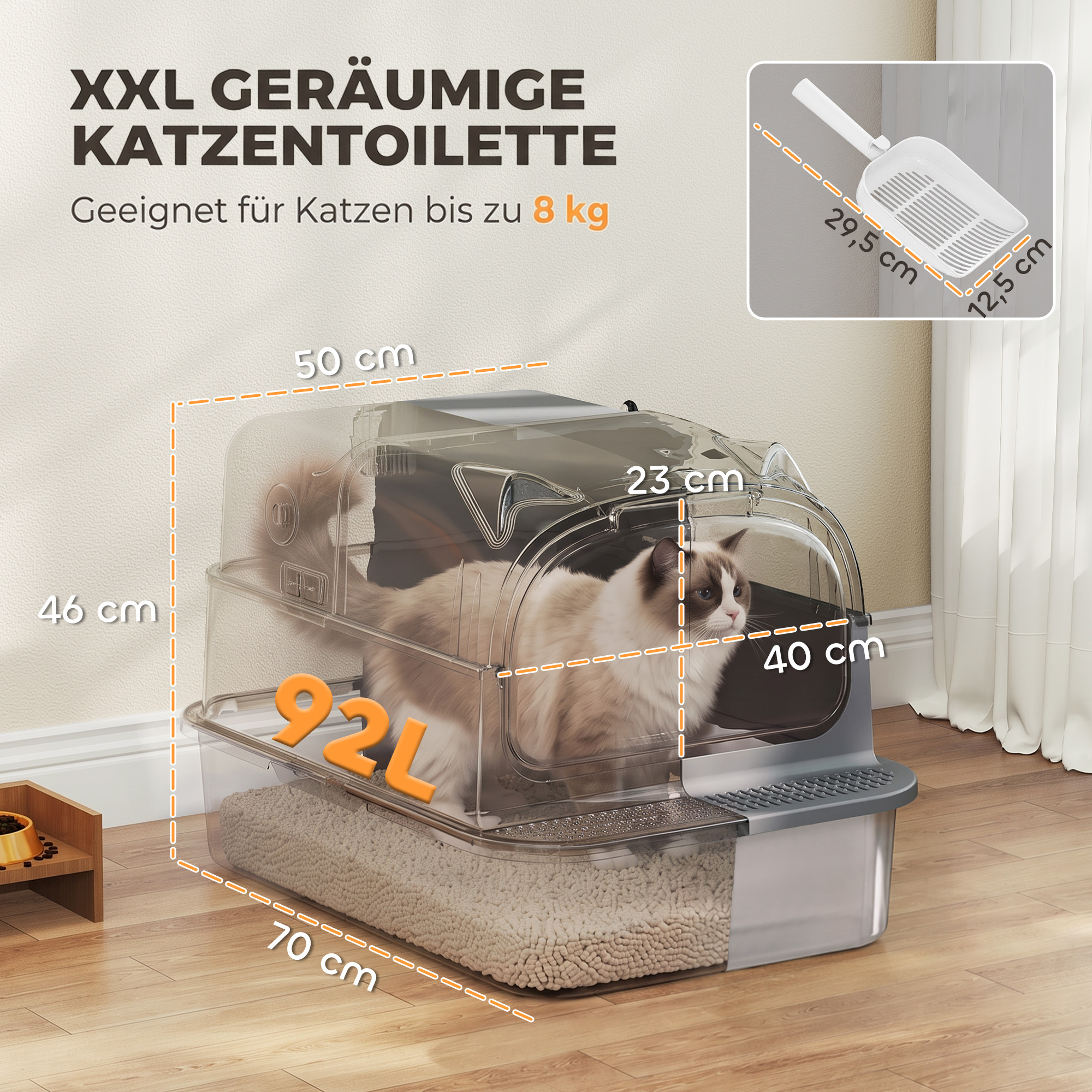 Katzenklo Edelstahl mit Abnehmbar Deckel XL 92L für große Katzen 3 in 1 mit Schaufel hoher Ränder