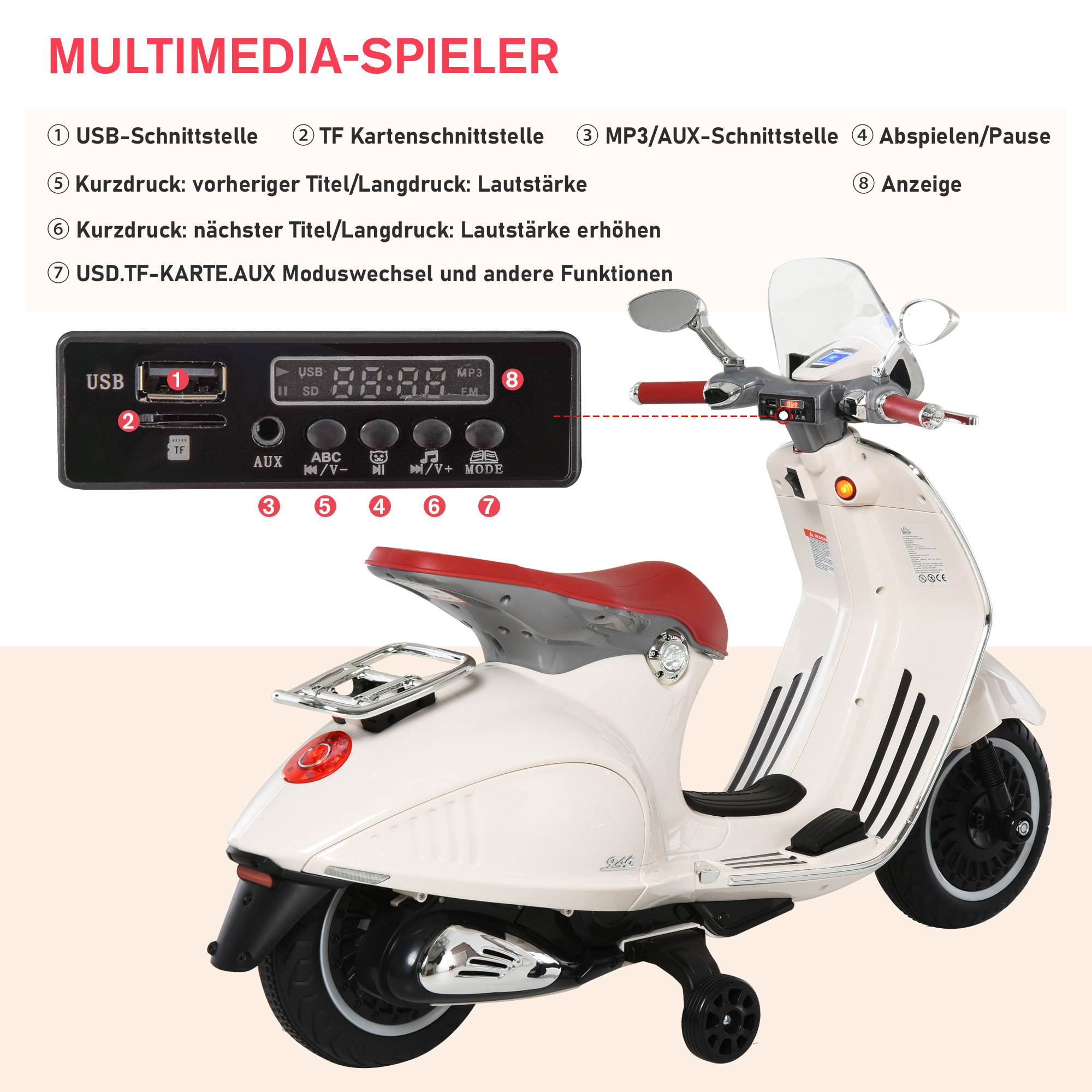 Kinder Elektro-Motorrad, 6V Kindermotorrad mit Scheinwerfer, Musik, Vor- und Rückwärtsgang, Trainingsräder, 30 kg belastbar, Elektromotorrad für 3-6 Jahre Kinder, Weiß