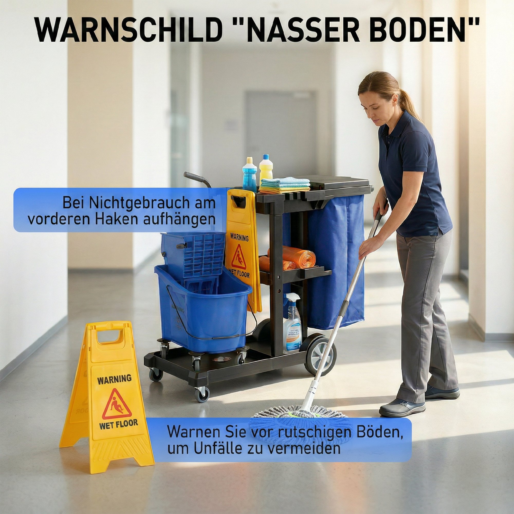 Reinigungskarre, Rollender Putzwagen mit 3 Ablagen, 70-Liter-Müllsack, Mop-Wringer-Eimer, Blau