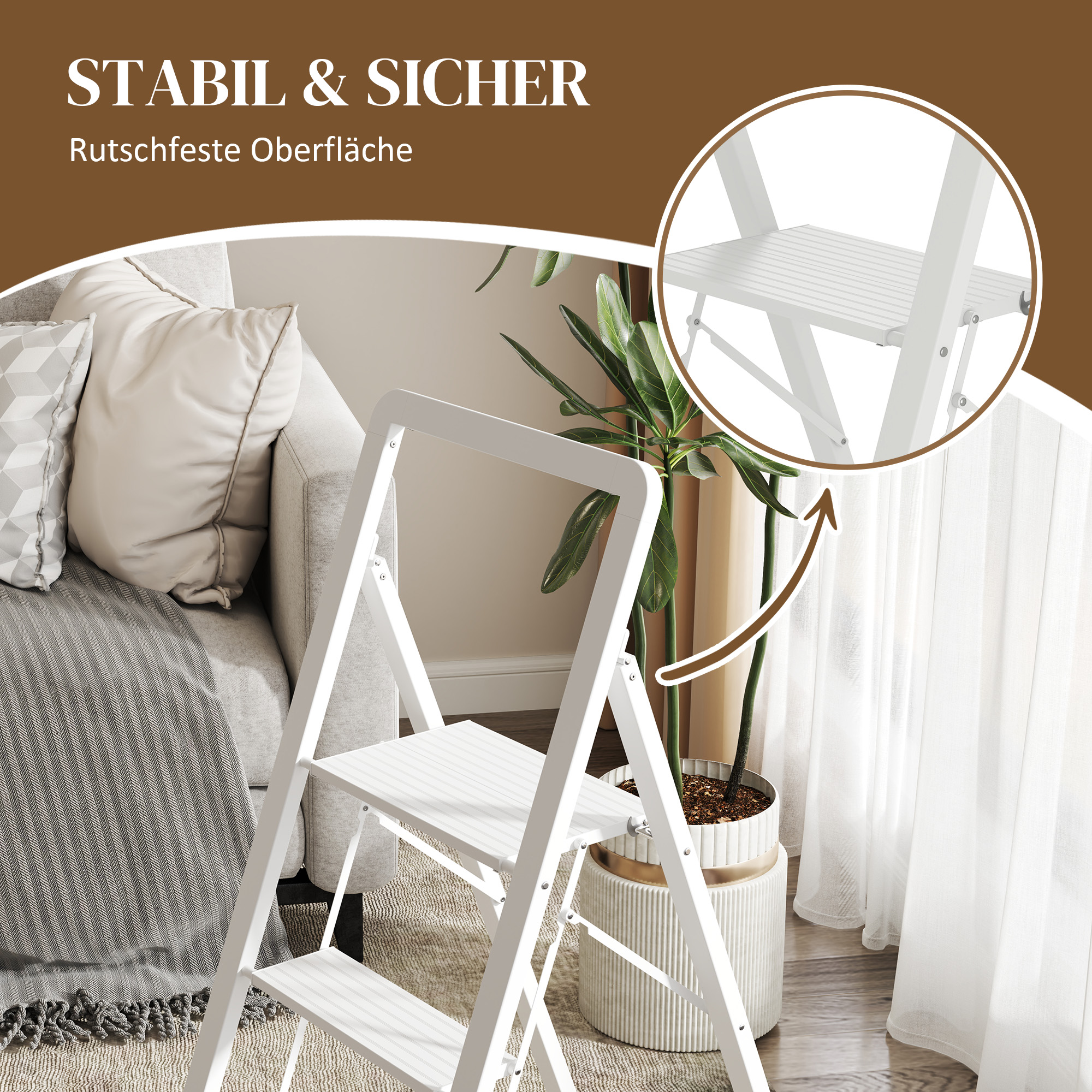 3-stufige Trittleiter, Aluminum faltbar, rutschfeste Plattform, Weiß