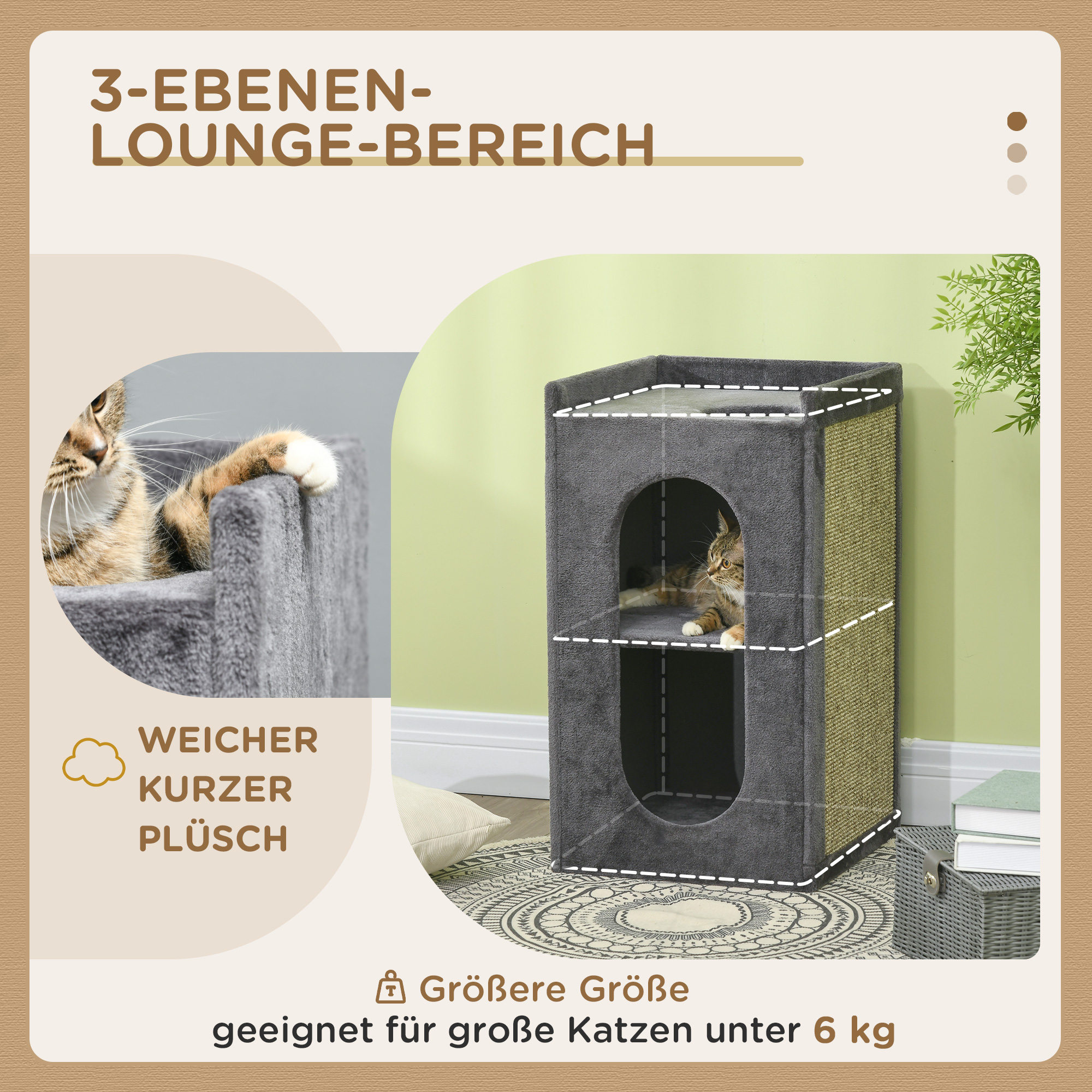 Kratztonne mit 2 Katzenhöhlen, 1 Liegefläche, Sisal-Kratzmatte, Plüsch, Grau + Natur