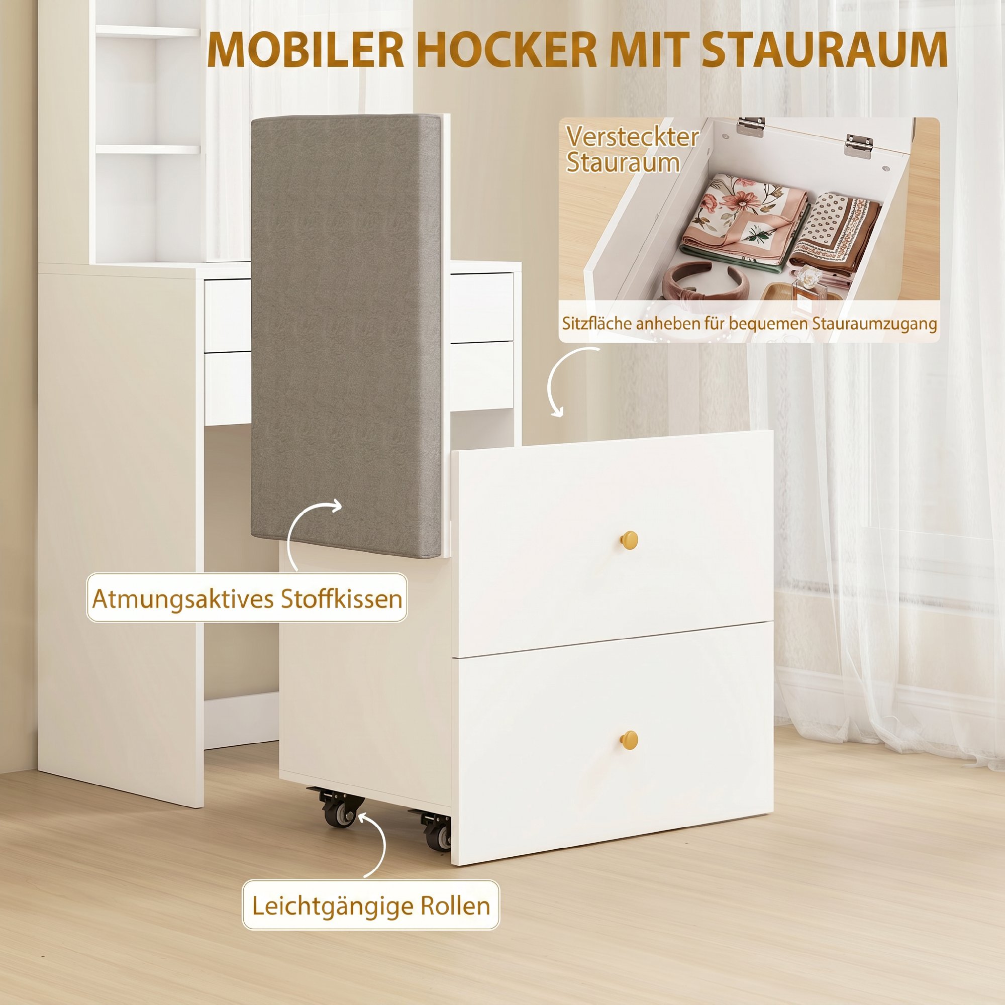 Schminktisch mit Spiegel und gepolstertem Hocker, kompakter Frisiertisch mit Schrank, Schubladen und offenen Ablagen, Weiß