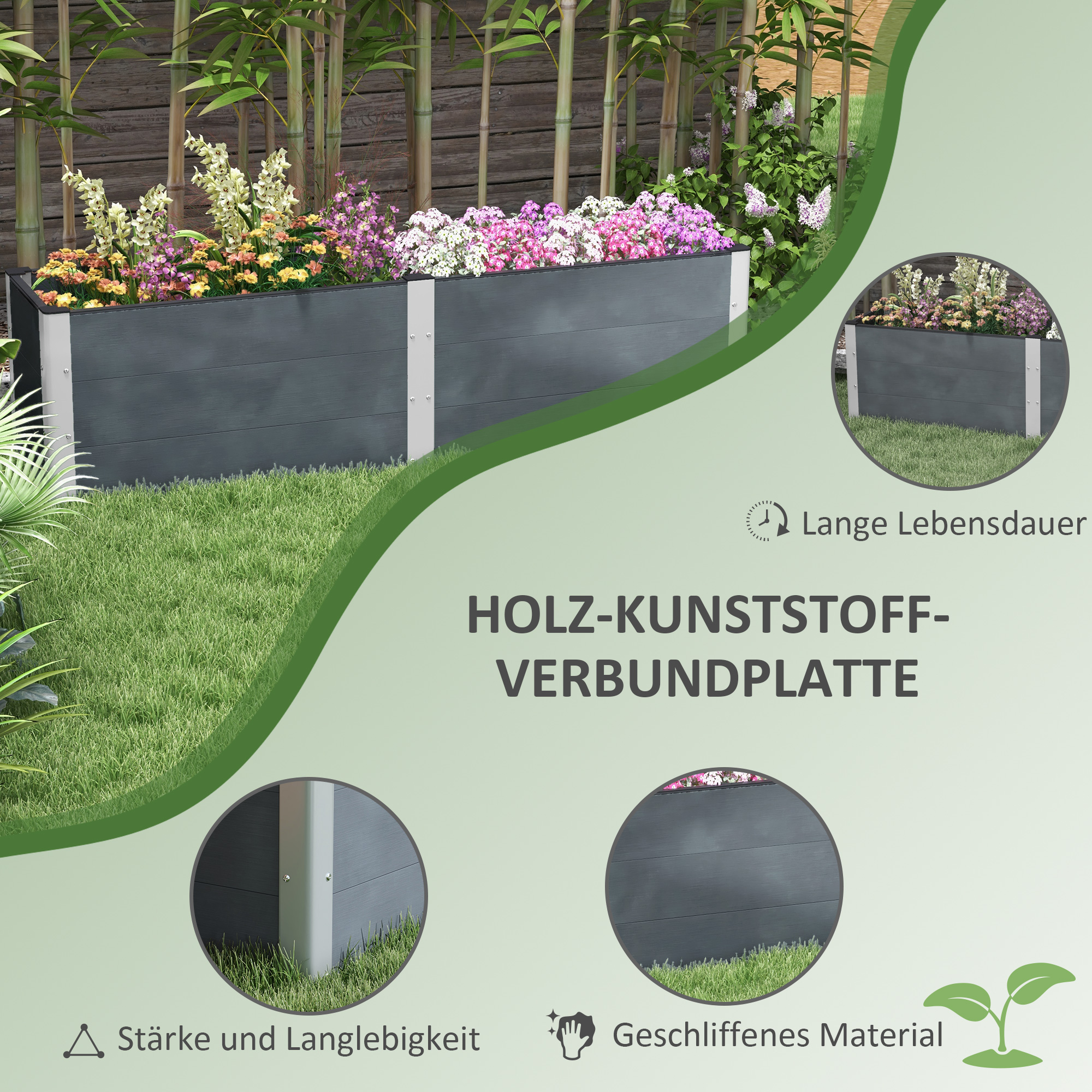 Hochbeet, offener Boden, hohe Seiten, wetterfest, Aluminiumrahmen, 200 x 50 x 56 cm, Grau
